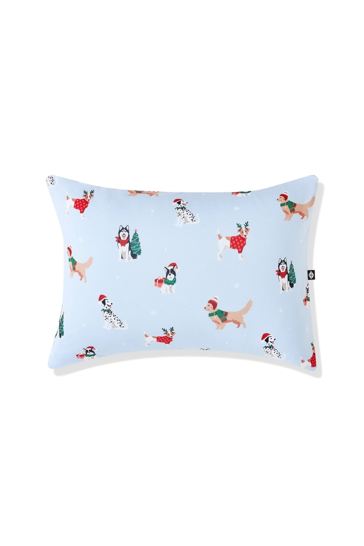 Blue Toddler Pillowcase in Holiday Pups print on a white background