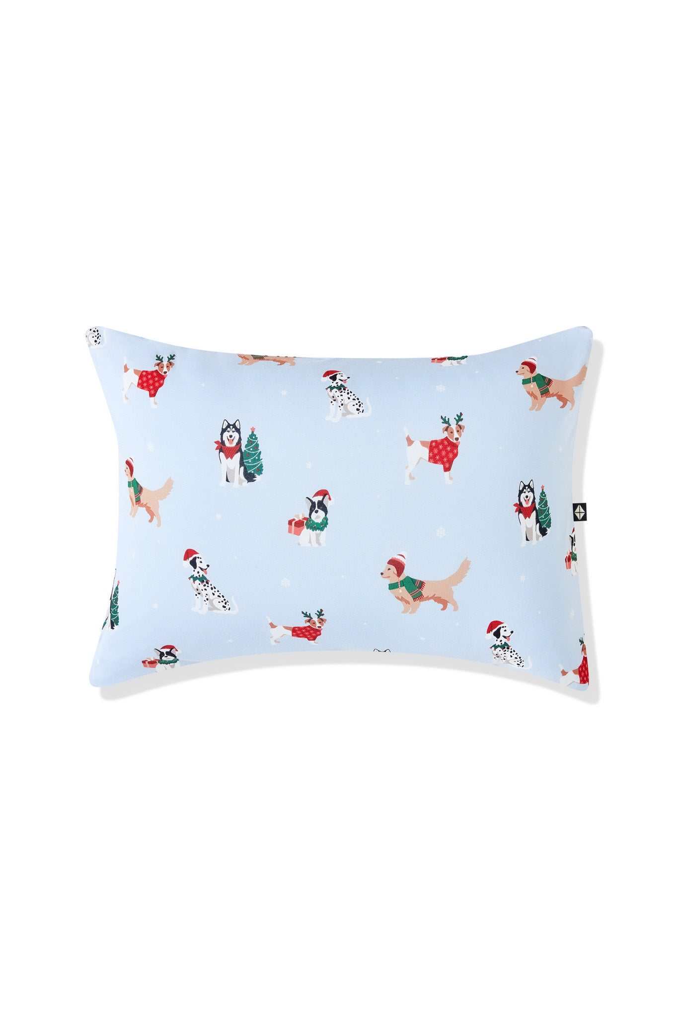 Blue Toddler Pillowcase in Holiday Pups print on a white background