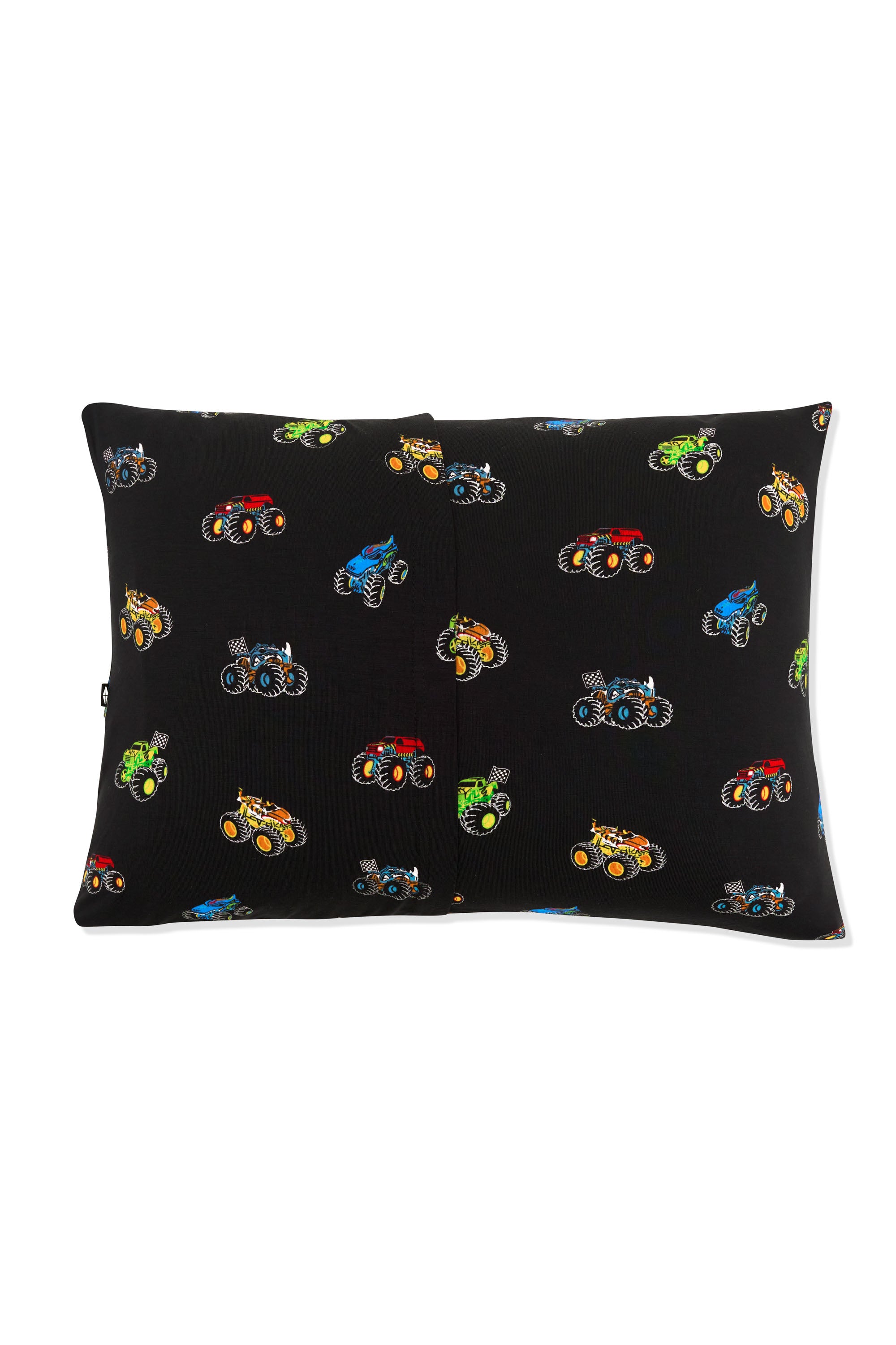 Back side of Toddler Pillowcase in Monster Truck print on white background
