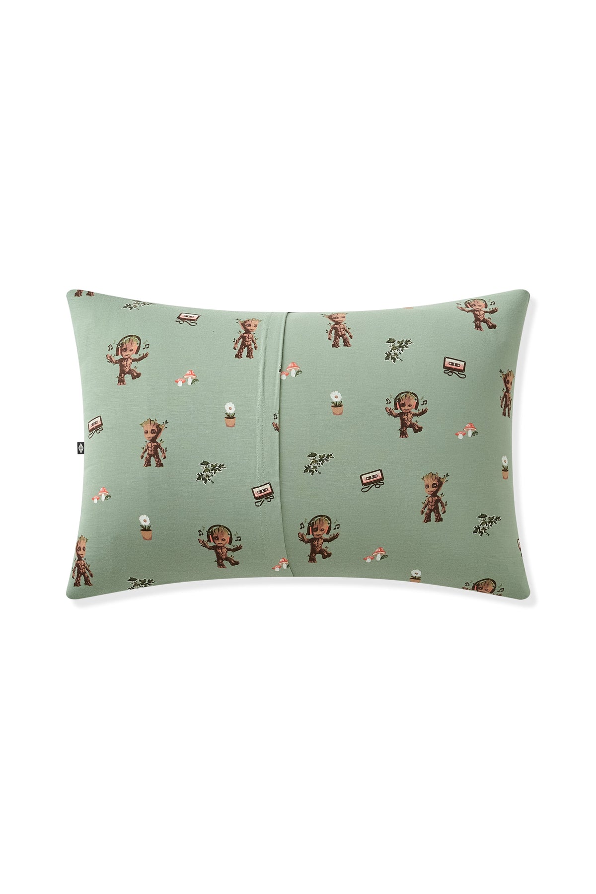 Back side of Green Toddler Pillowcase in Groot print on white background