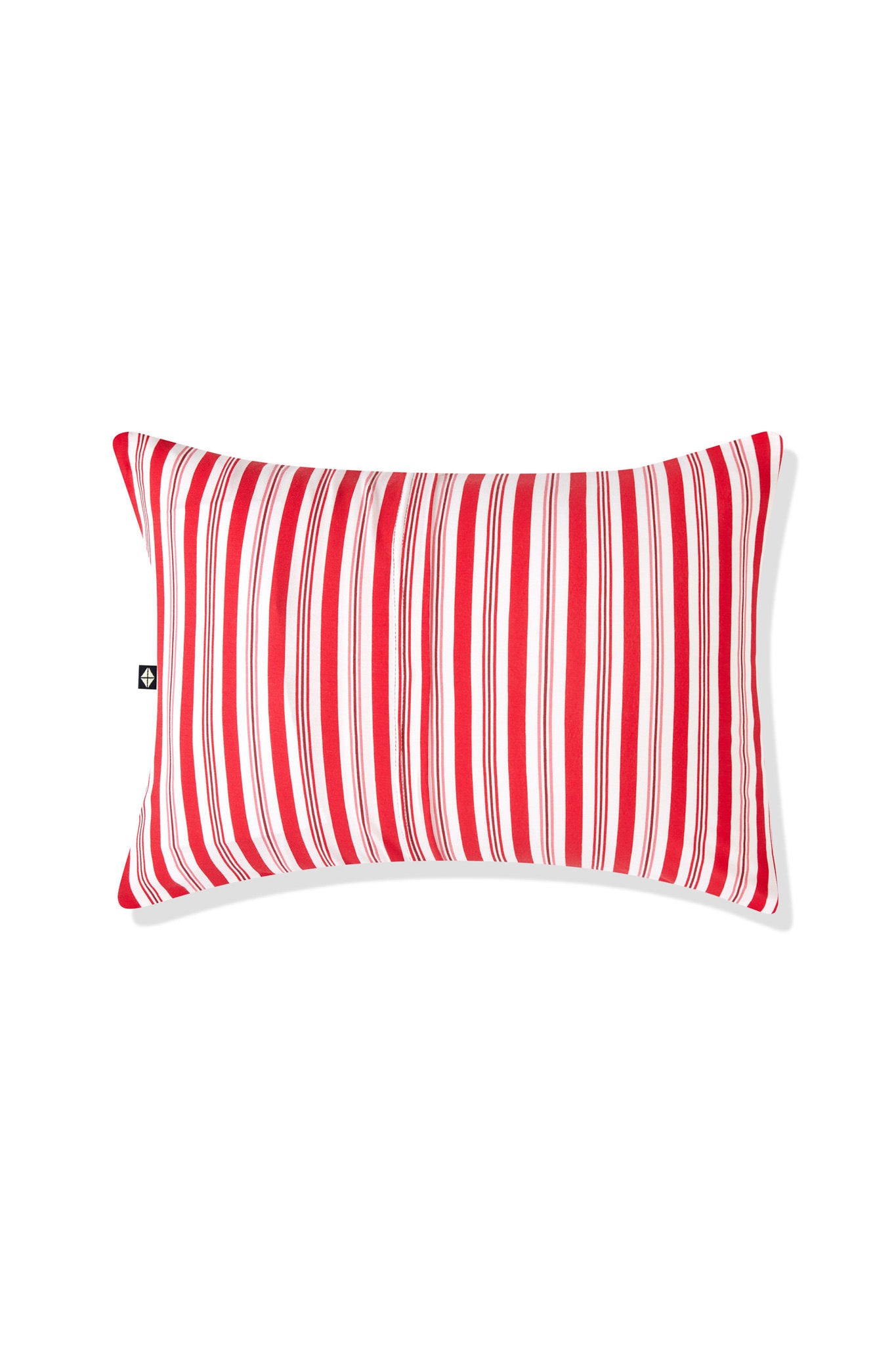 Back side of Toddler Pillowcase in red and white Peppermint Stripes print on a white background