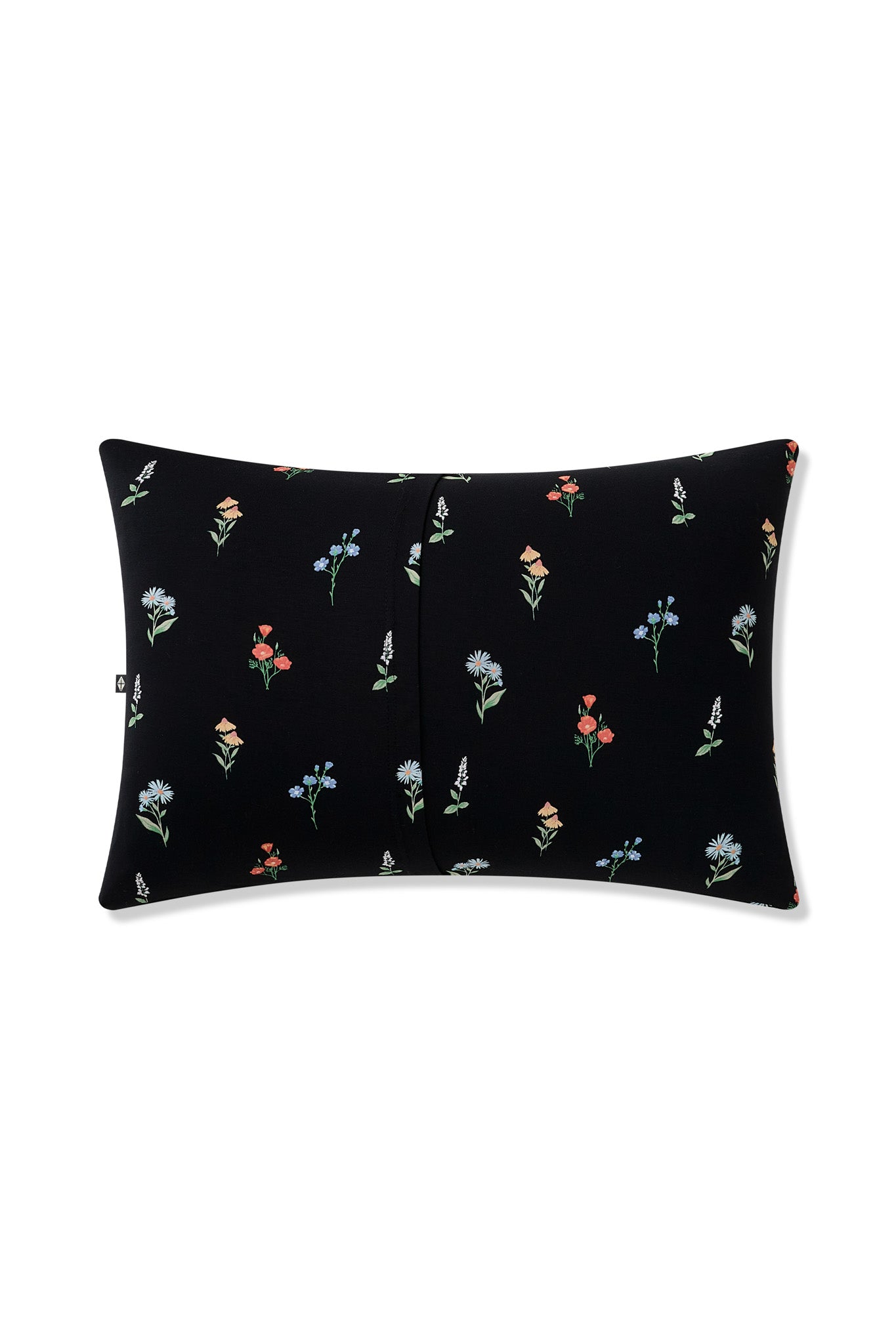 Back side of Black Toddler Pillowcase in Wildflower print on a white background