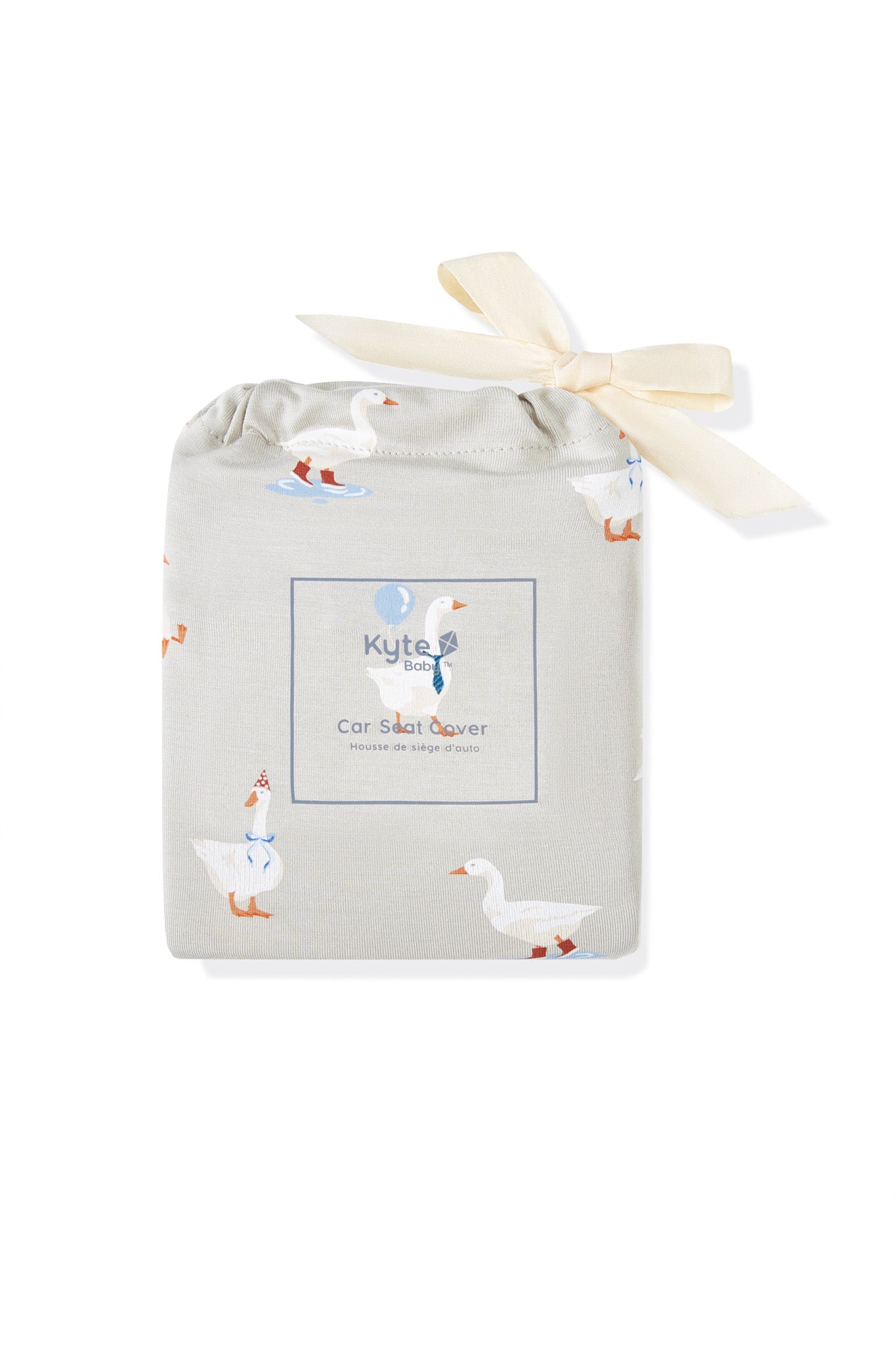 Car Seat Cover packed in a bag with Oat Silly Goose print on a white background