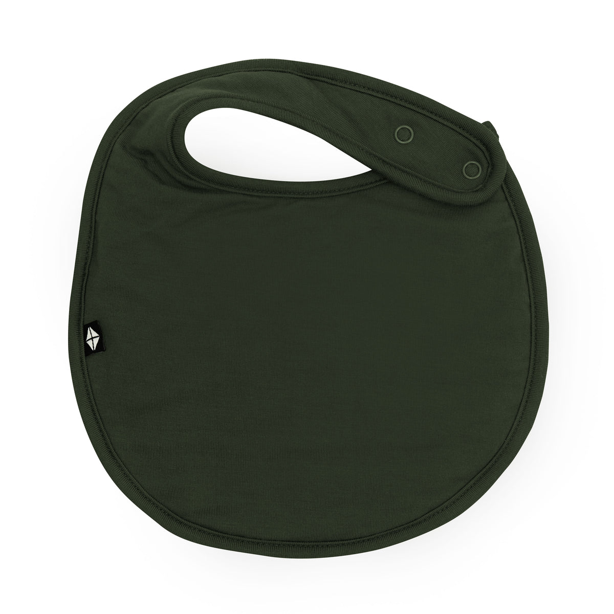 The front of the Cushy Bib in Fir with the snap closures shown