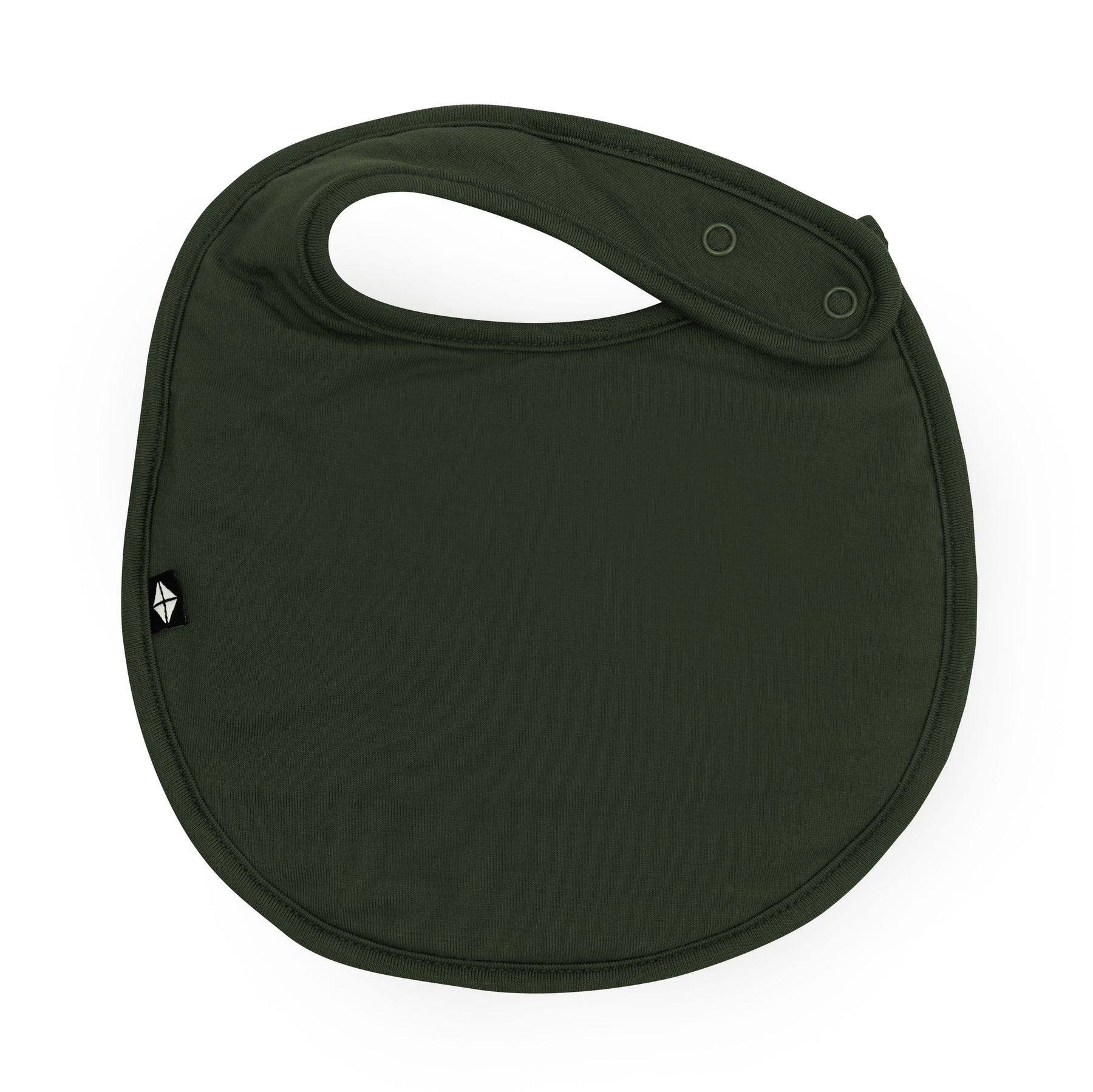 The front of the Cushy Bib in Fir with the snap closures shown