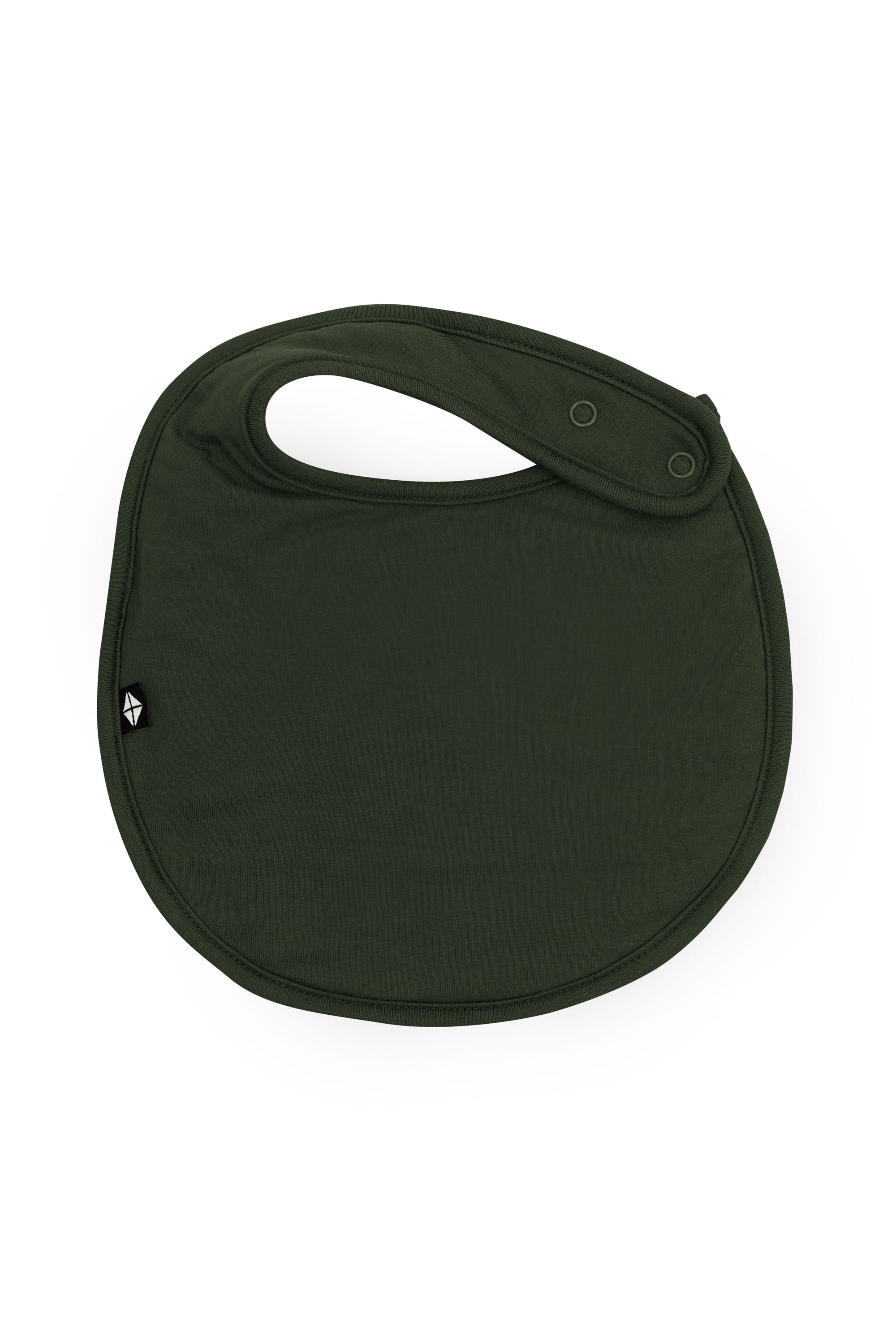 The front of the Cushy Bib in Fir with the snap closures shown