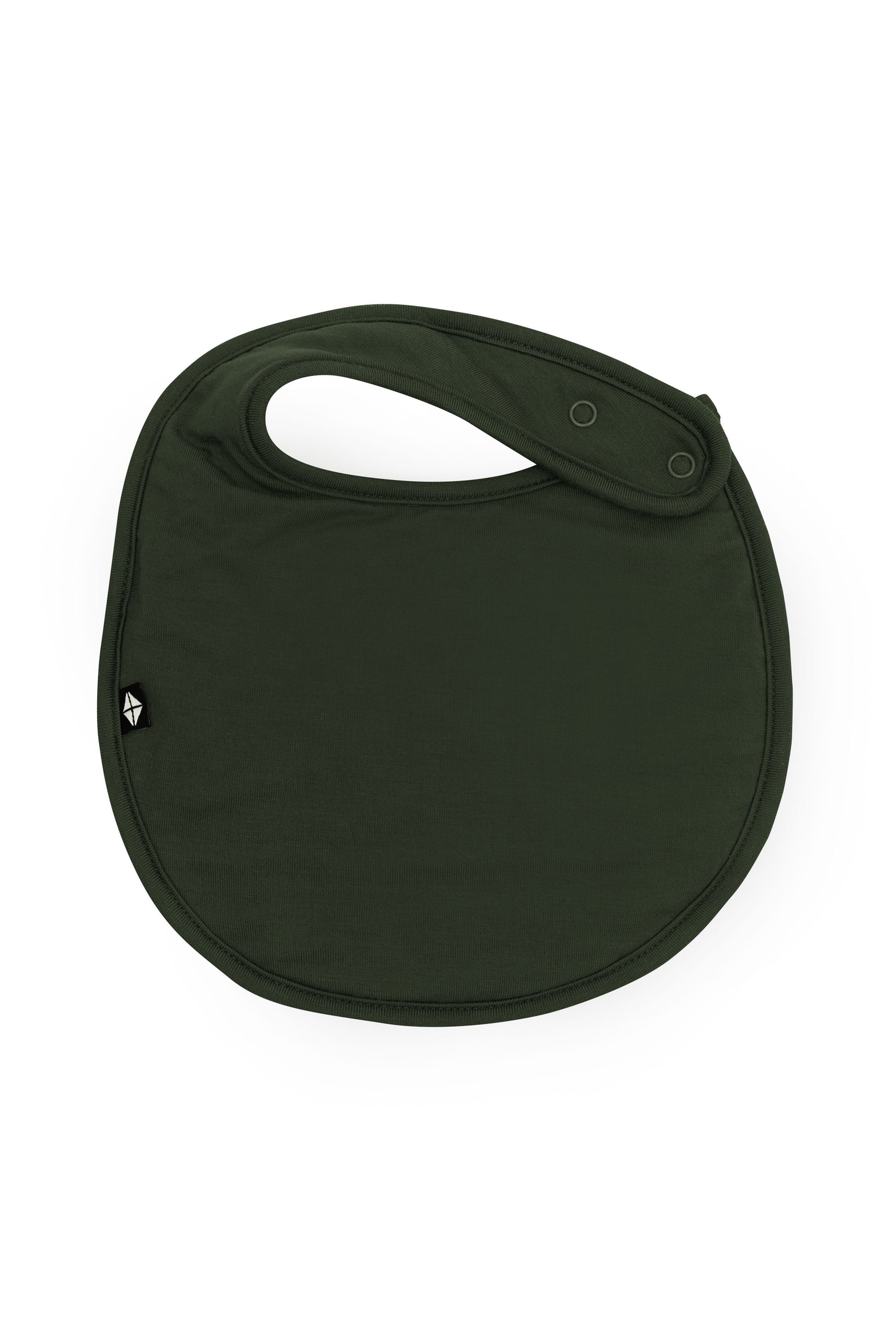 The front of the Cushy Bib in Fir with the snap closures shown