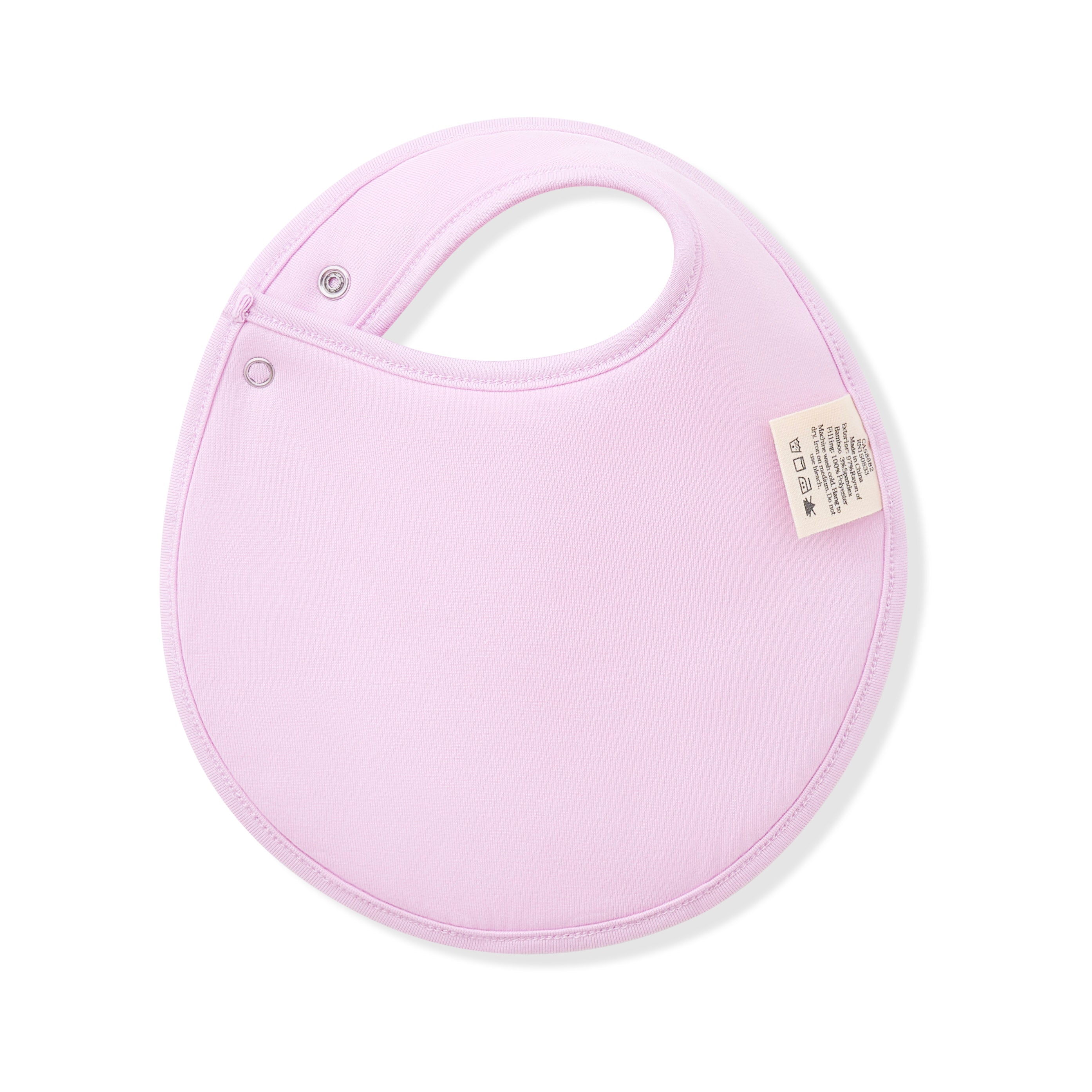 Purple baby bib with a label on a white background