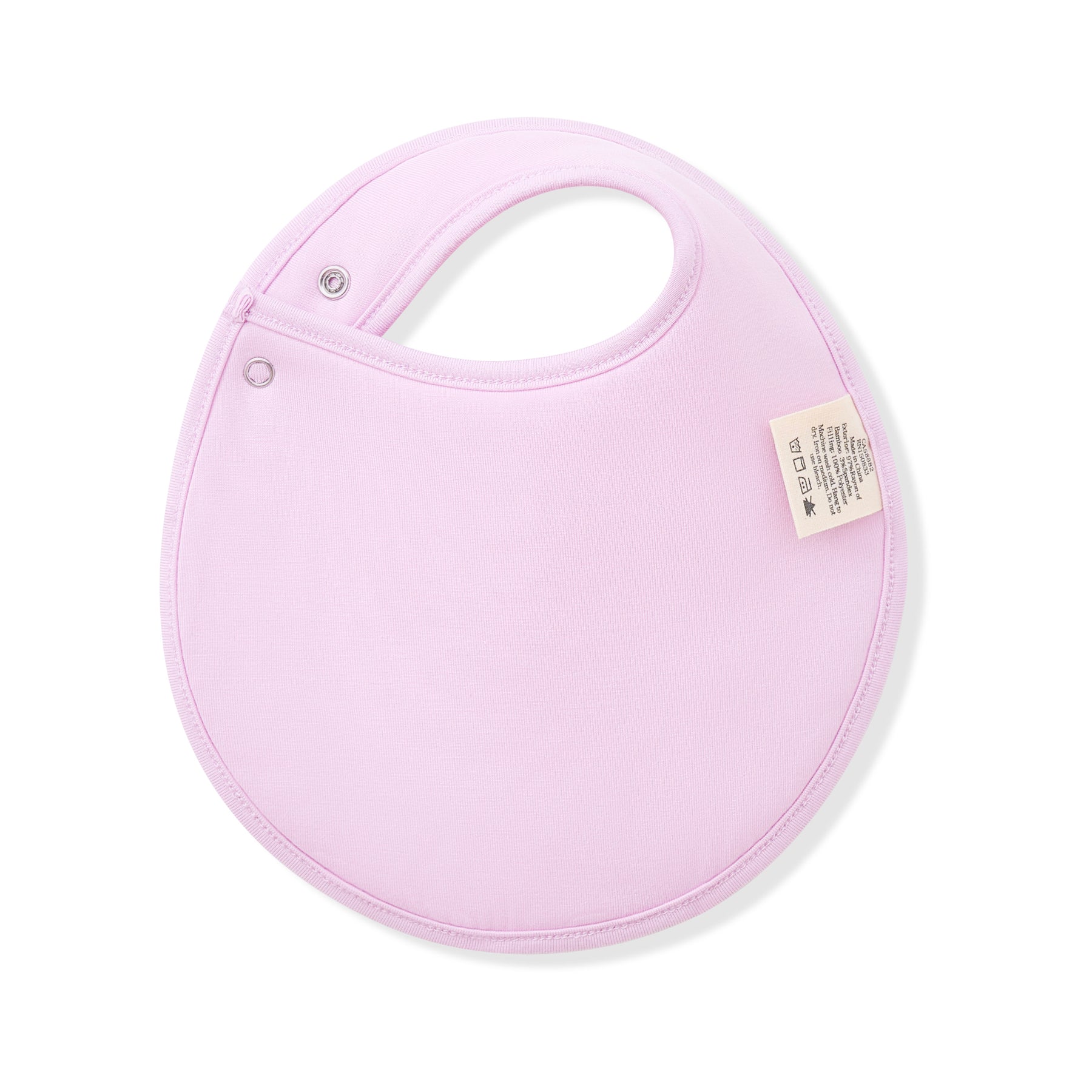 Purple baby bib with a label on a white background