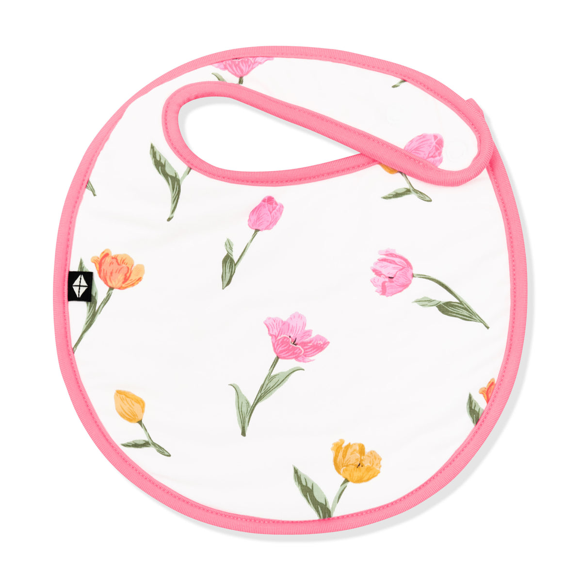 Front of the Cushy Bib in Tulip showing the snap closure and pink trim