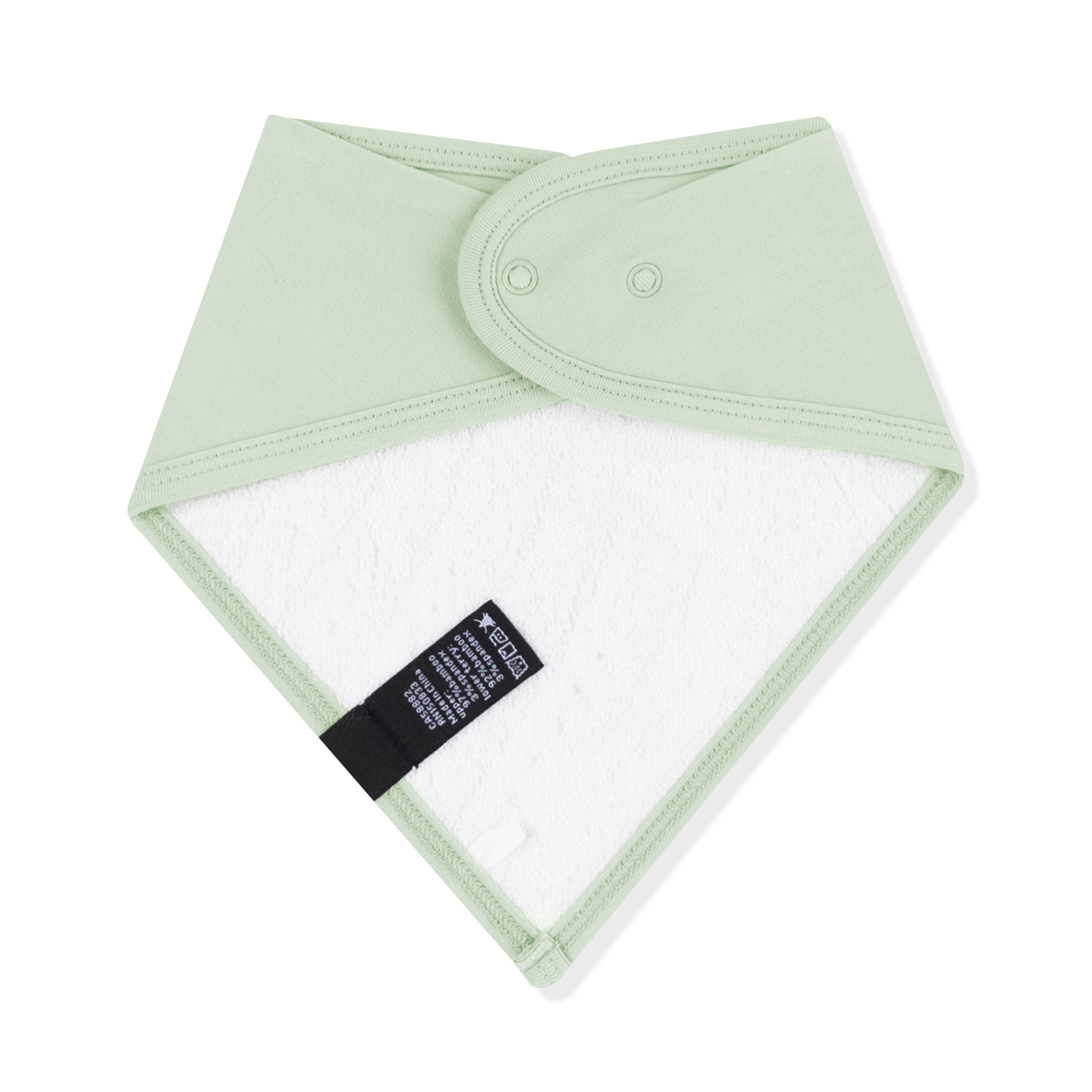 Back of the Bib in Basil showing the snap closure and bamboo terry backing