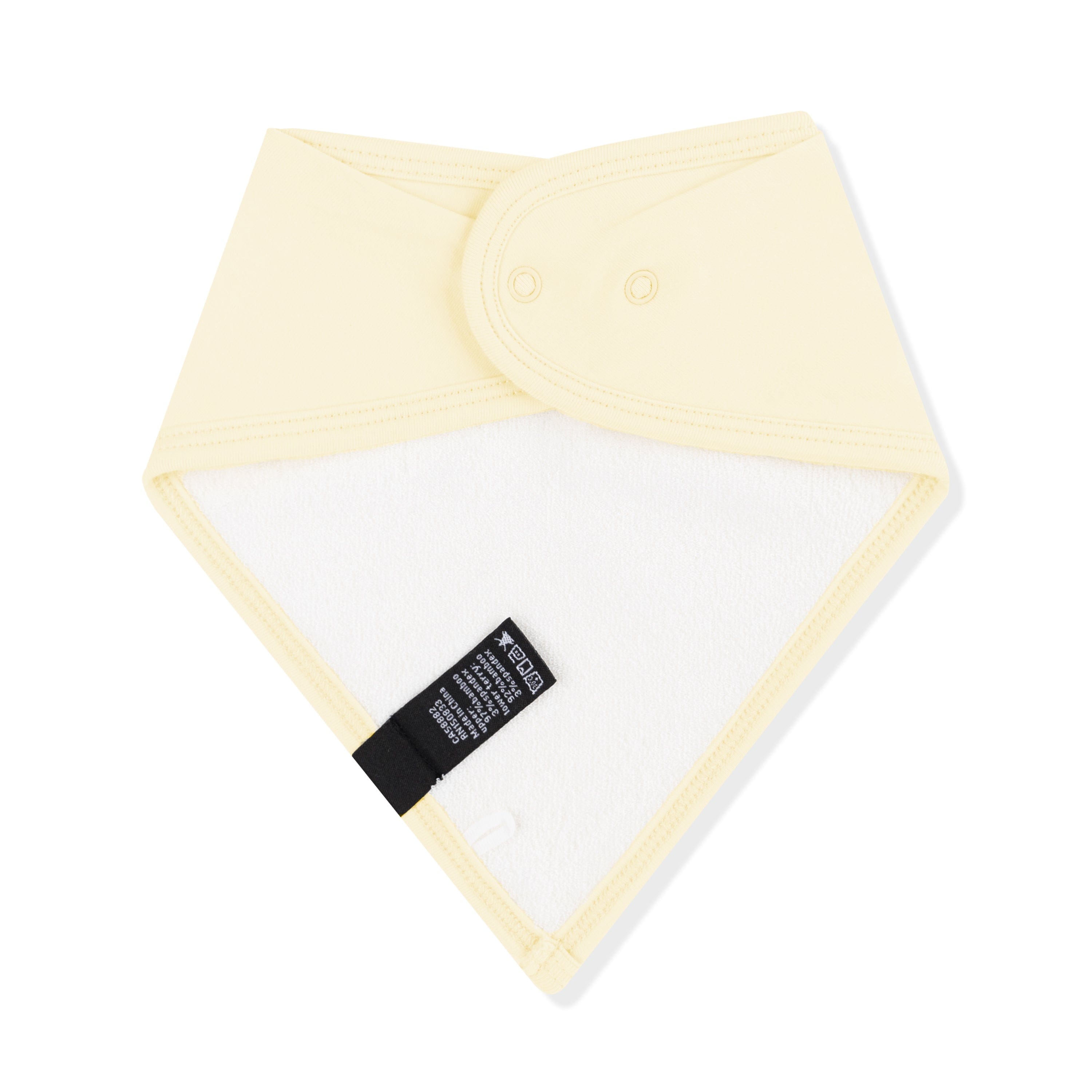 Back of the Bib in Chamomile showing the snap closures and bamboo terry backing