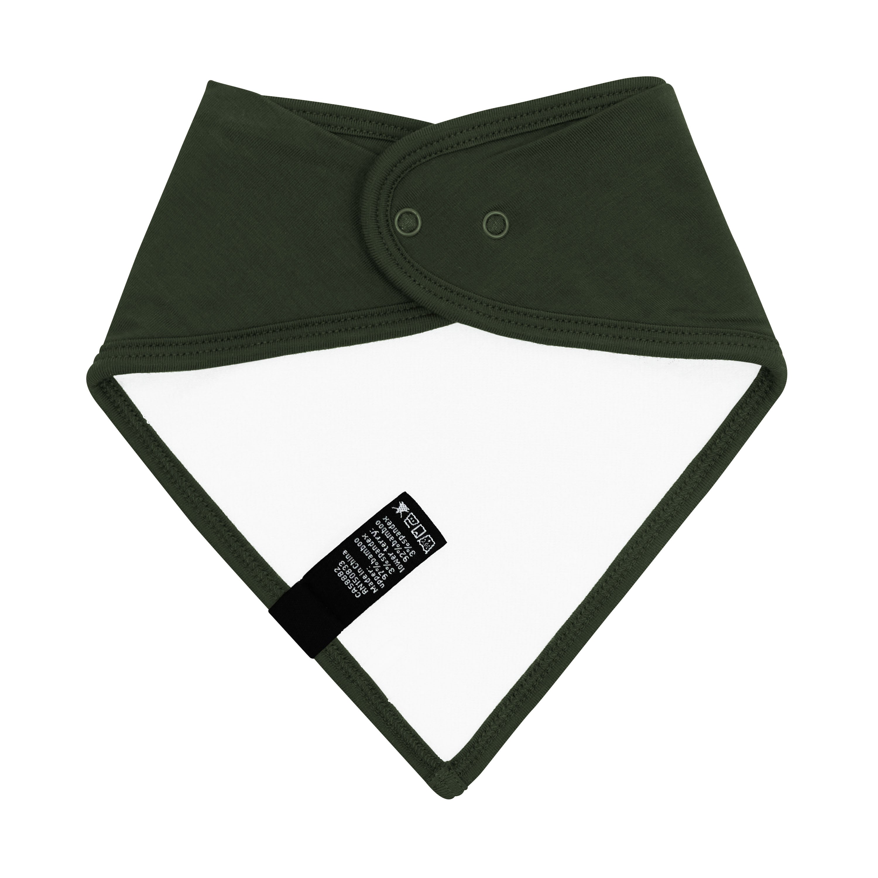 The back of the Bib in Fir showing the snap closures and Bamboo Terry cloth backing