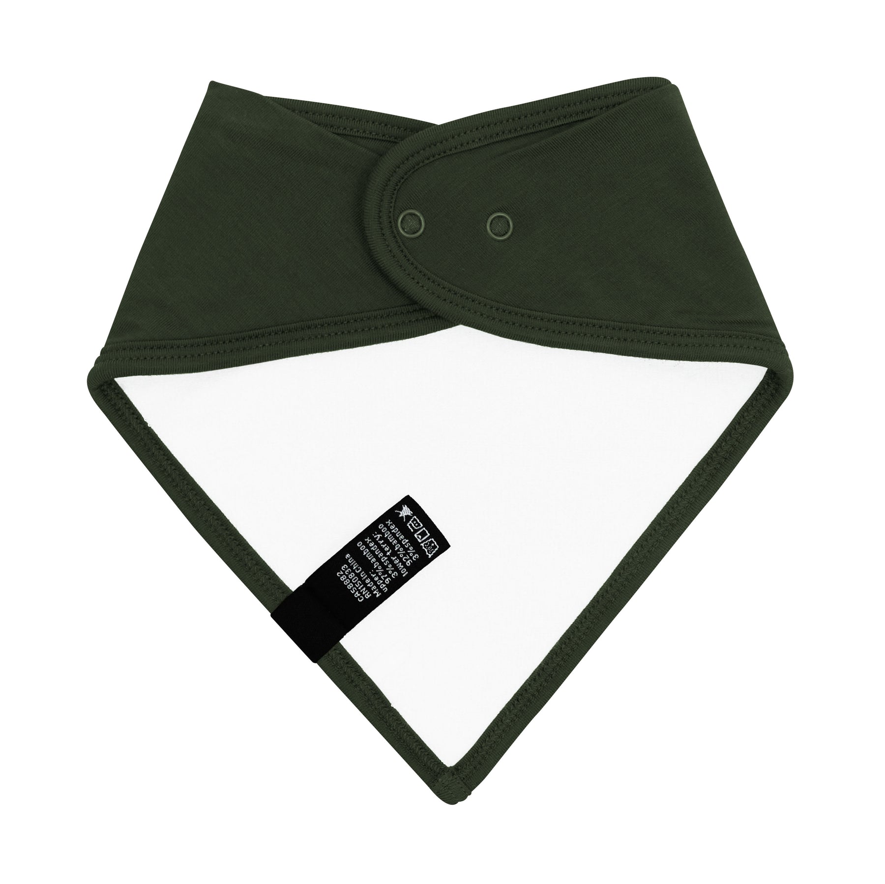 The back of the Bib in Fir showing the snap closures and Bamboo Terry cloth backing