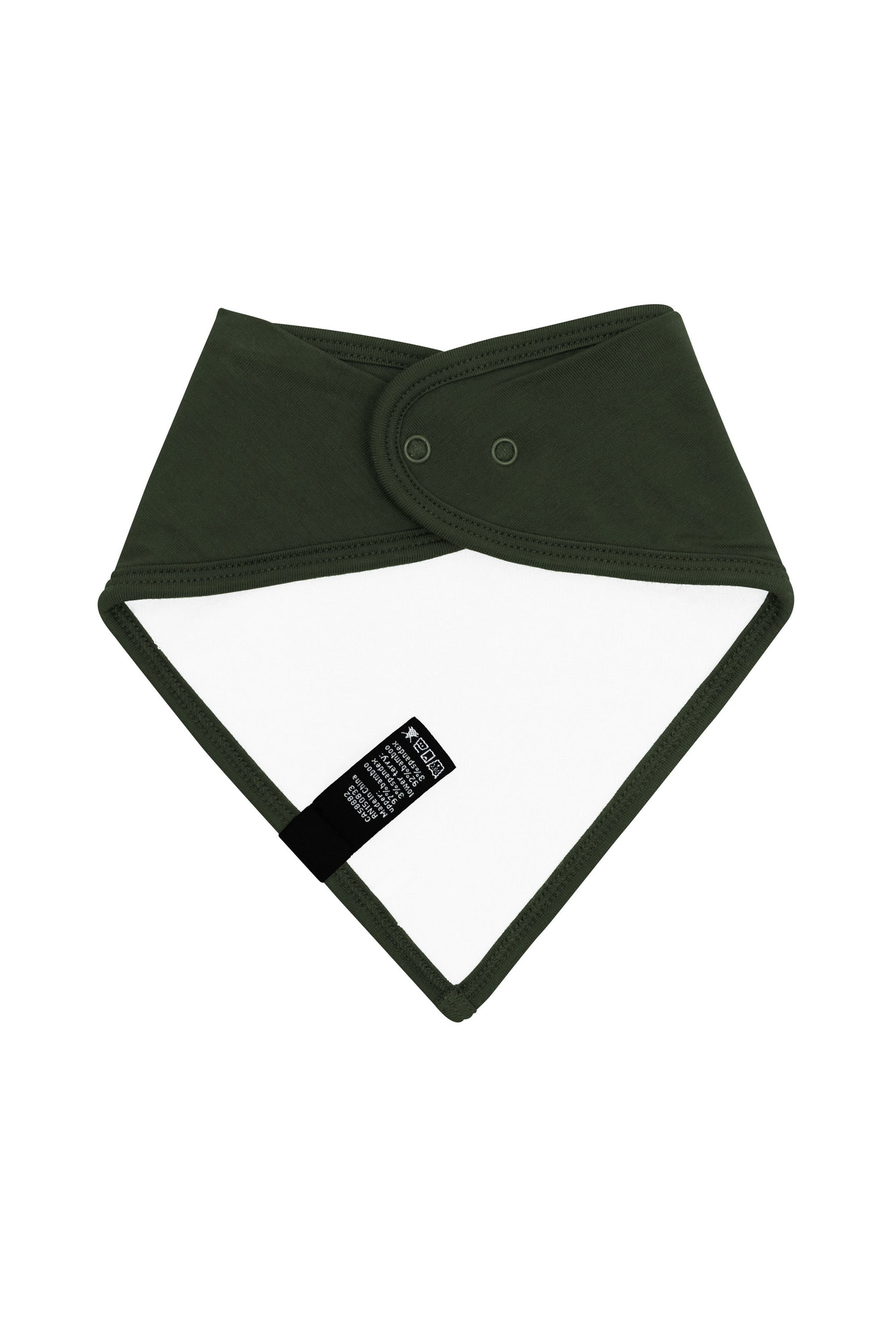 The back of the Bib in Fir showing the snap closures and Bamboo Terry cloth backing