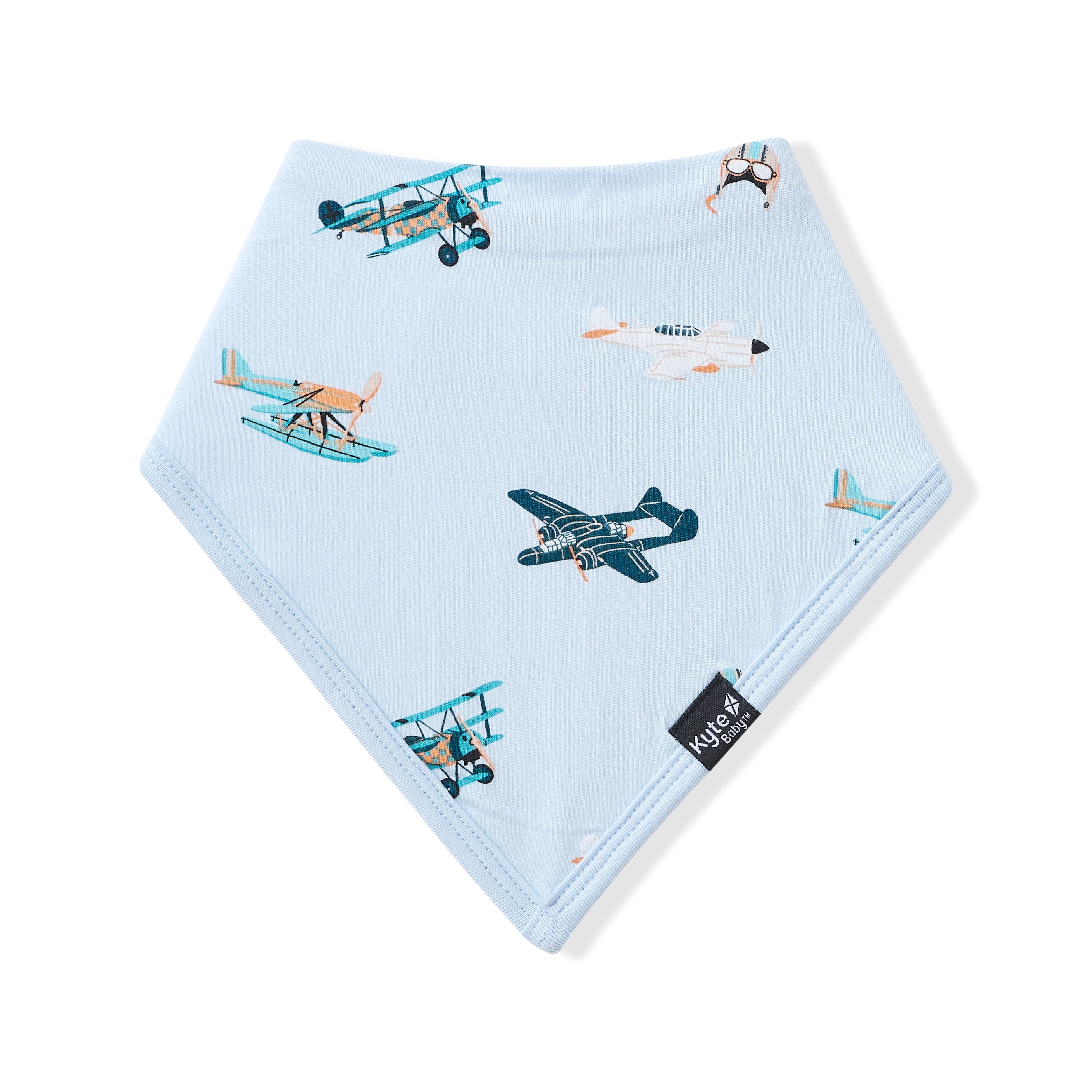 Front of the Bib in Take Off with the black kyte baby logo tag visible