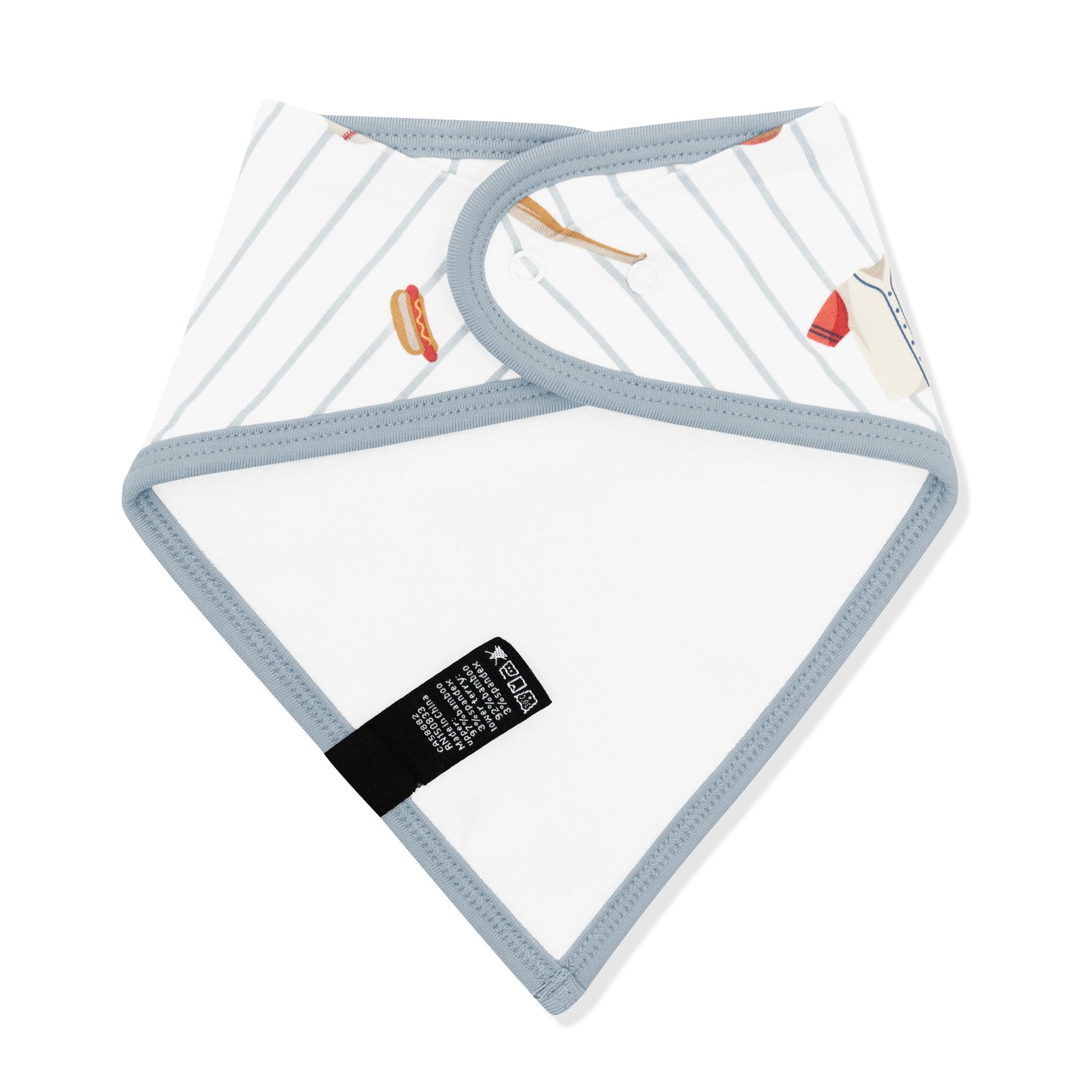The back of the Bib in Home Run showing the snap closures and bamboo terry cloth backing