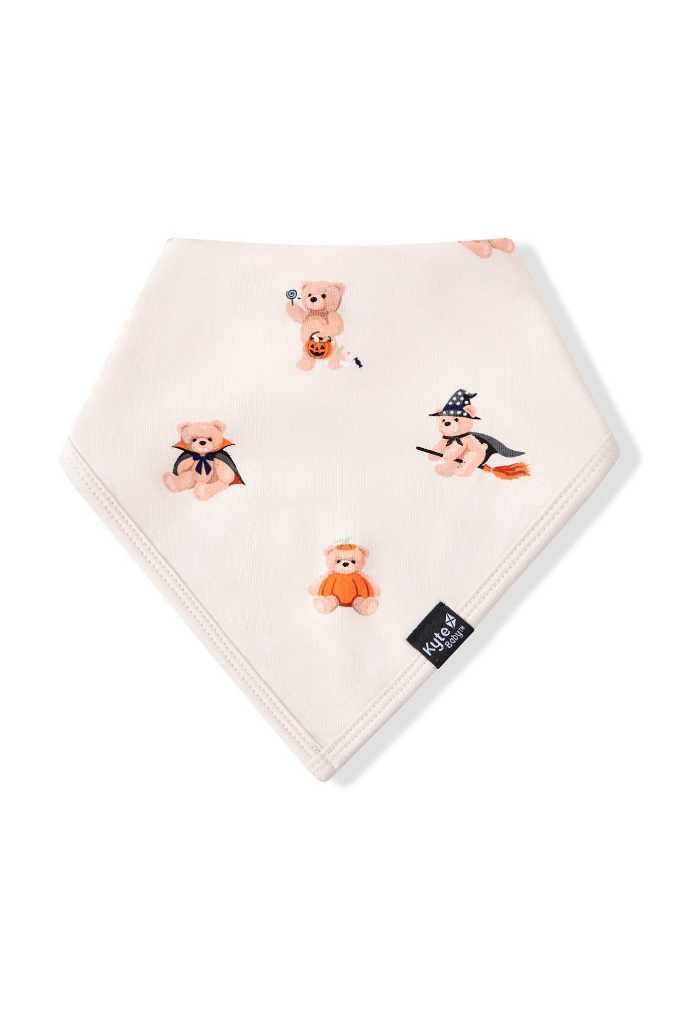 Beige Bib in Halloween Teddy print on a white background