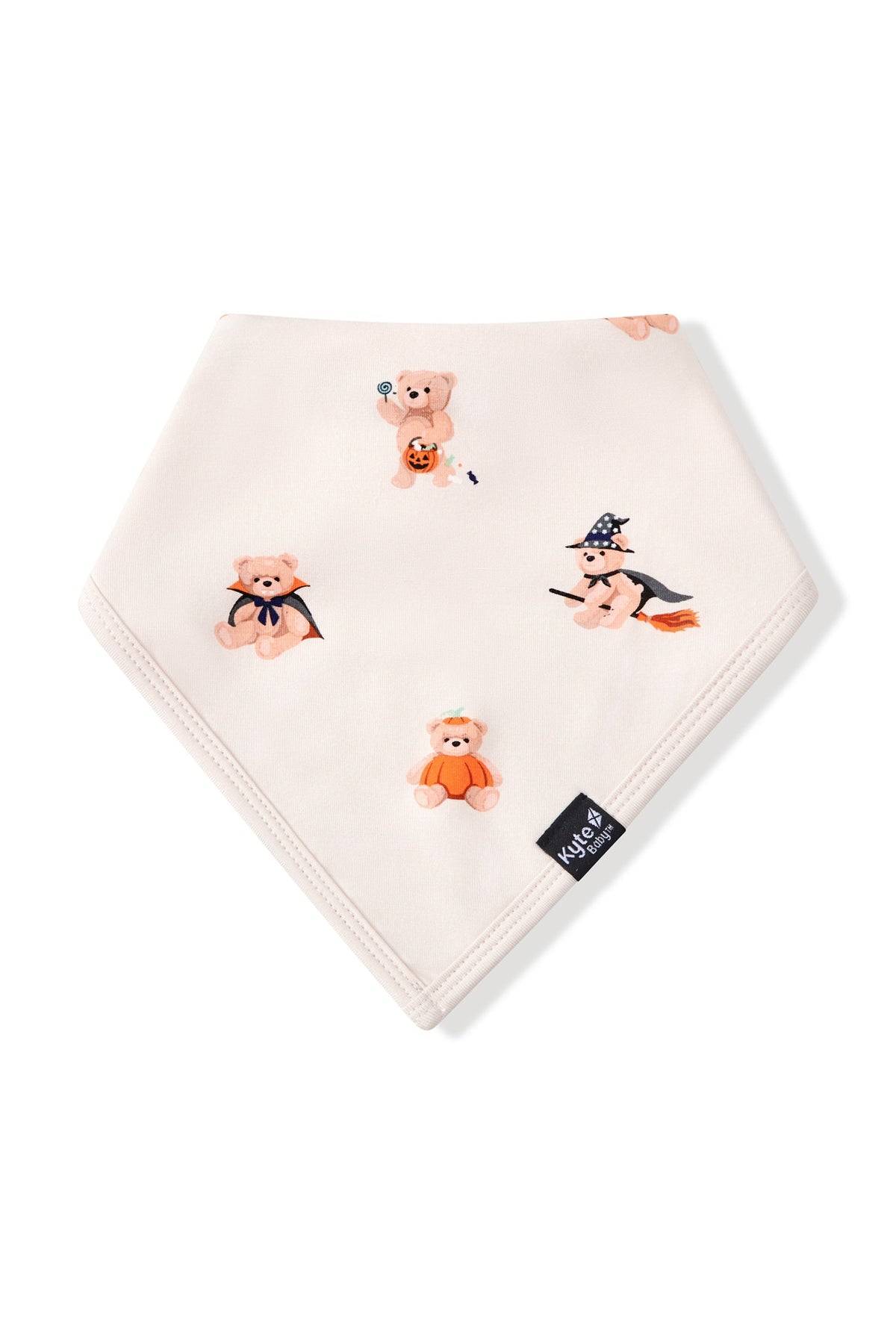 Beige Bib in Halloween Teddy print on a white background