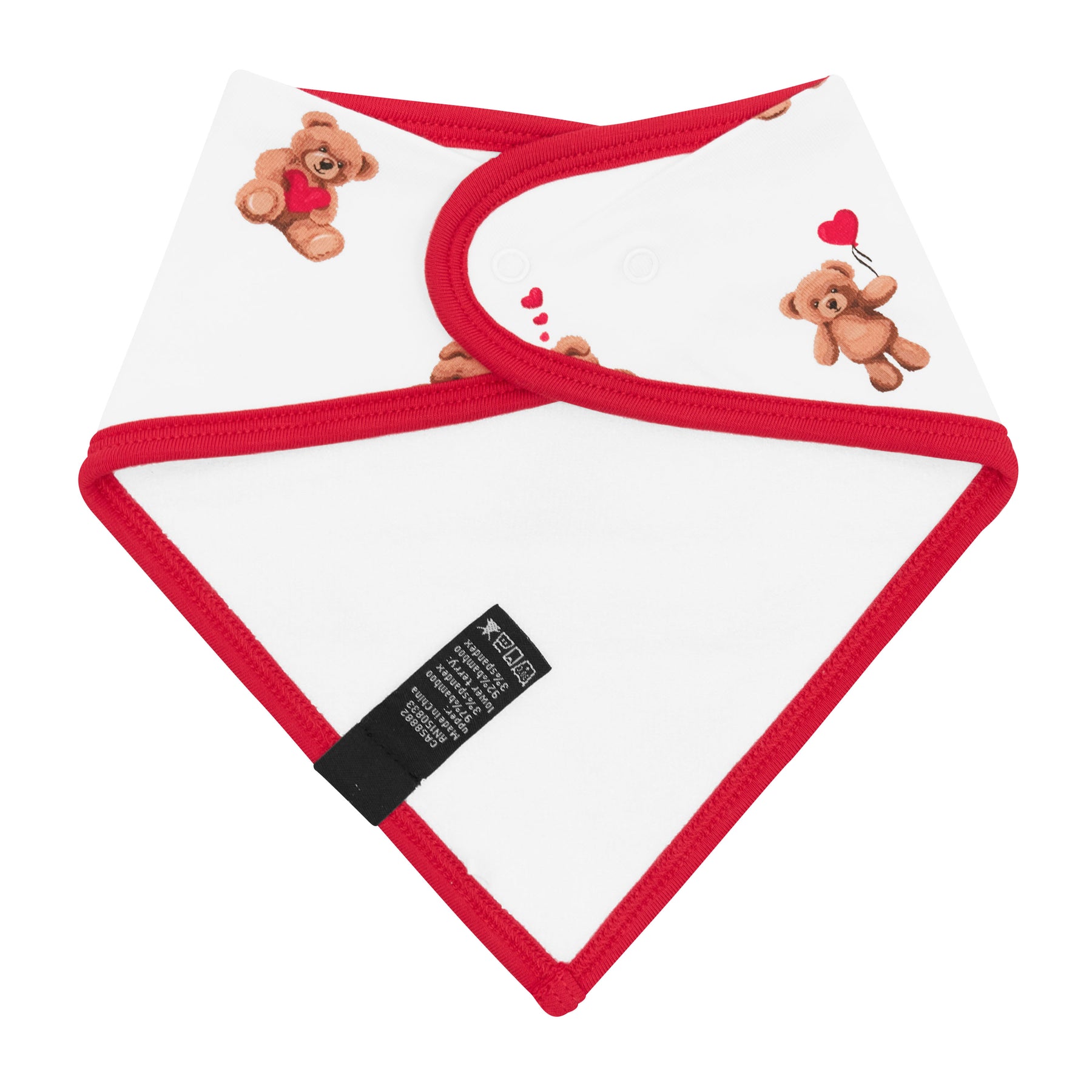 The back of the Bib in Bear Hearts showing the soft and absorbent bamboo terry and snap closures