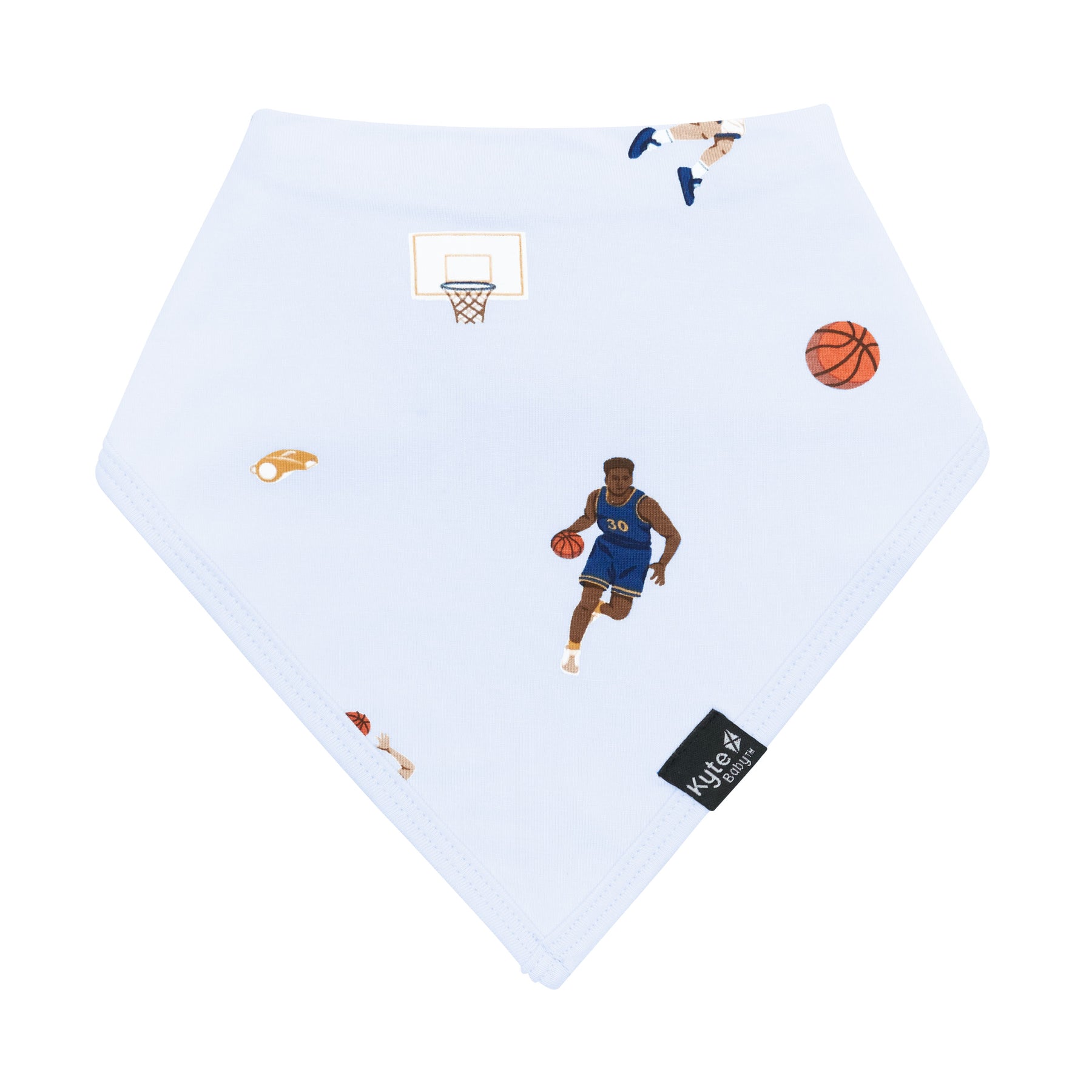 The front of the Bib in Basketball showing the Kyte Baby logo tag