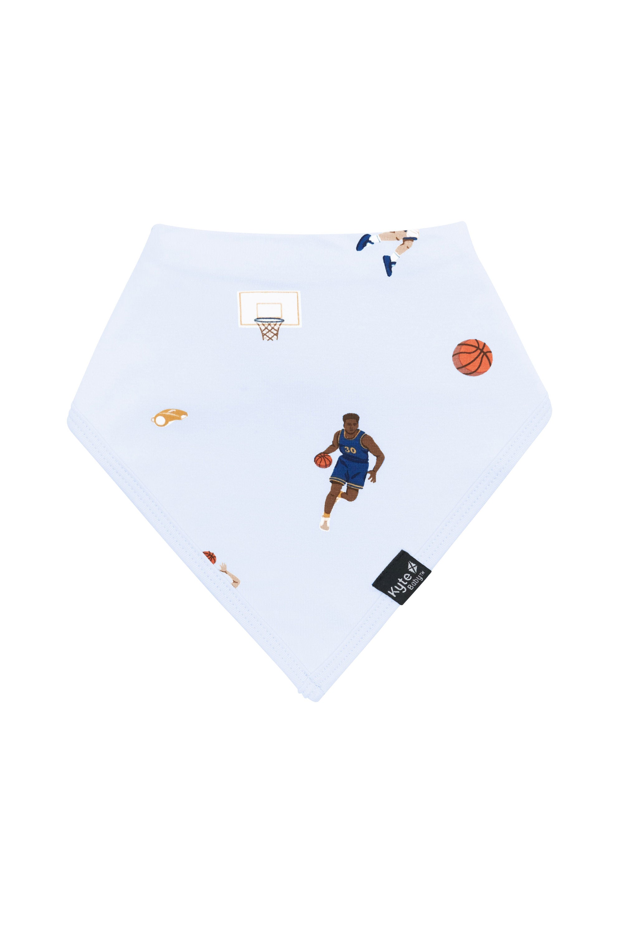 The front of the Bib in Basketball showing the Kyte Baby logo tag