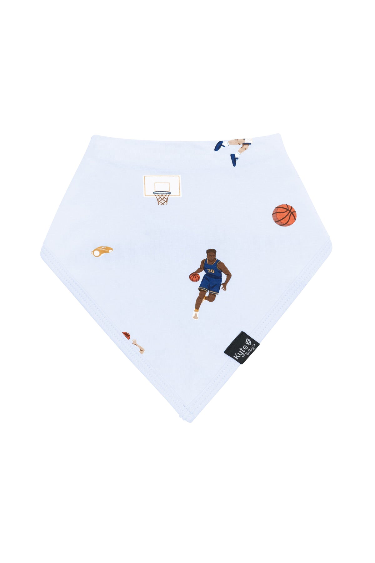 The front of the Bib in Basketball showing the Kyte Baby logo tag