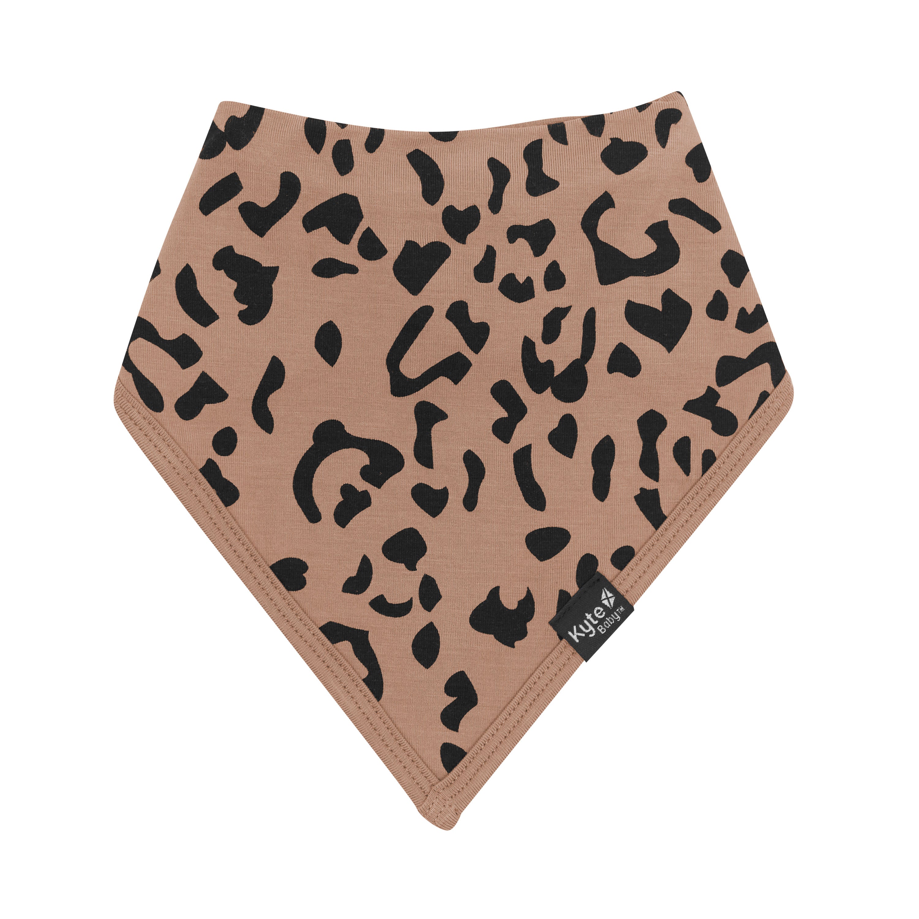 Front of the Bib in Latte Leopard showing the black Kyte Baby logo tag