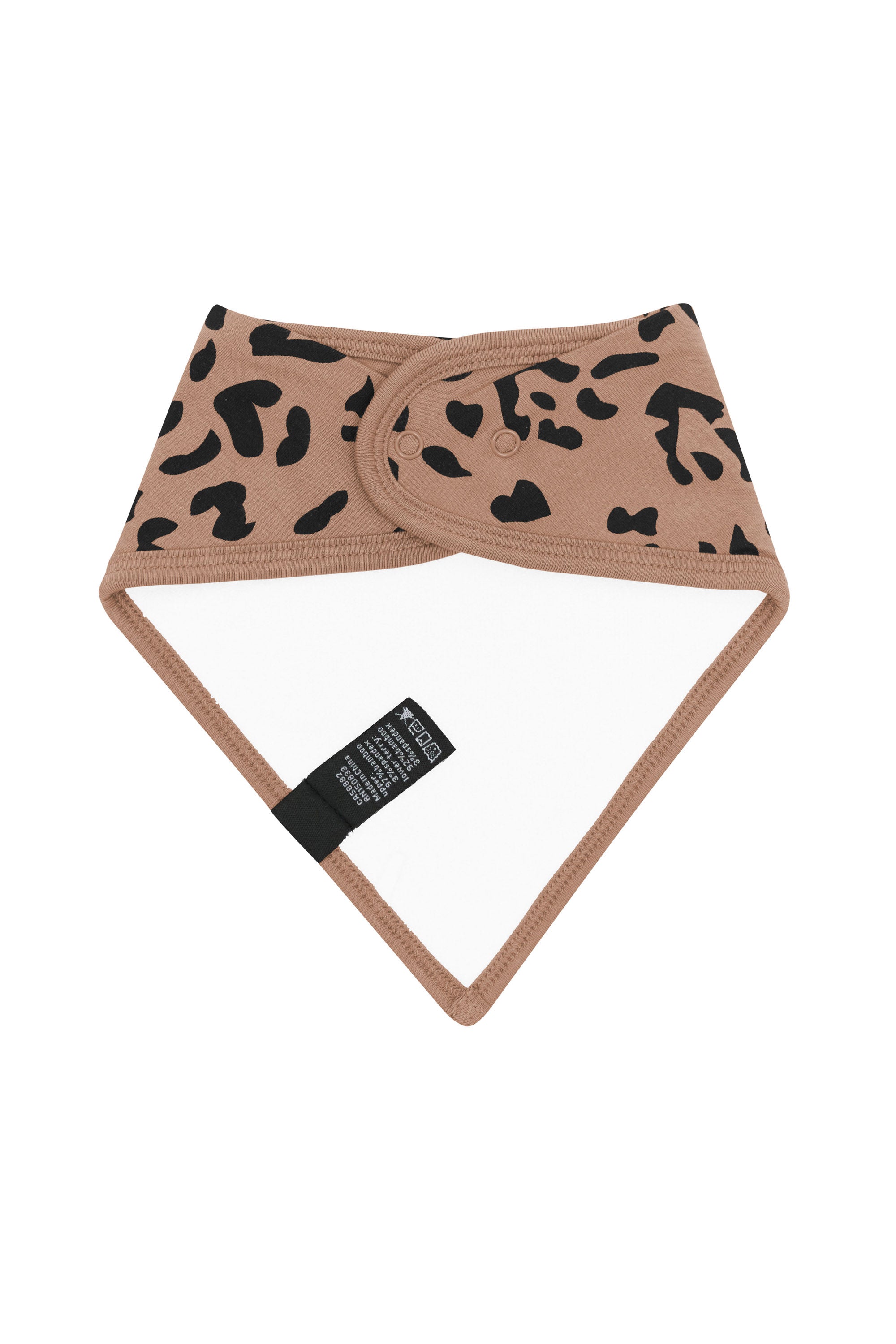 Back of the Bib in Latte Leopard showing the snap closures and bamboo terry backing