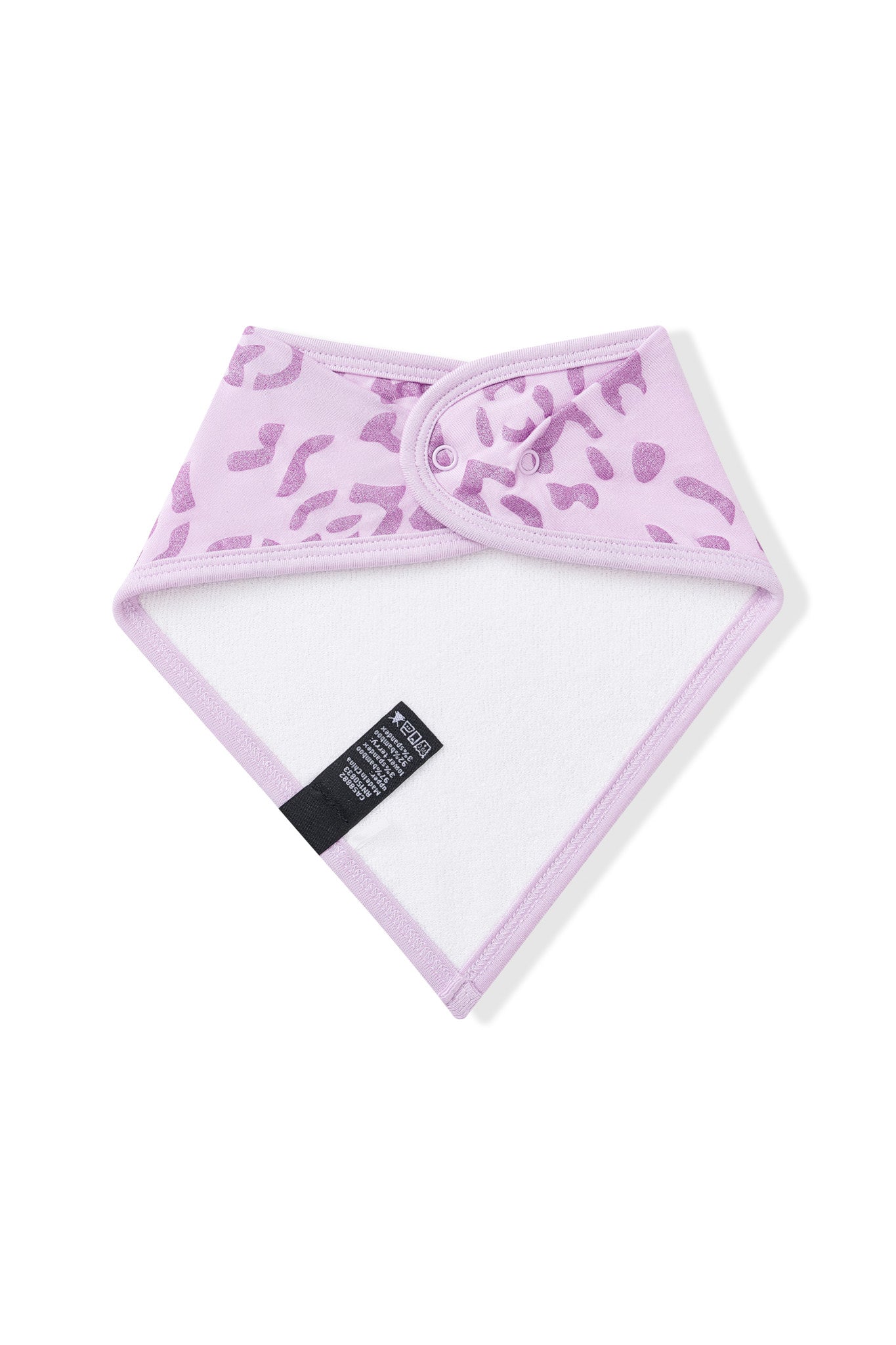 White fabric on Back side of Bib in Thistle Leopard print on white background