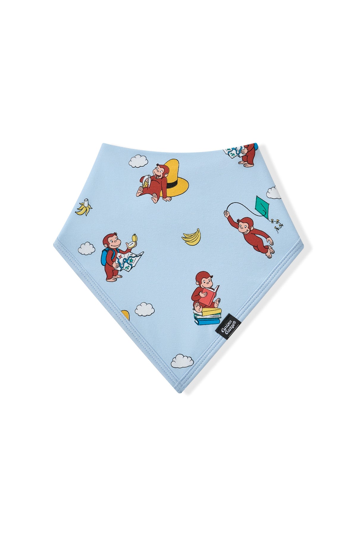 Blue Bib in Curious George print on a white background
