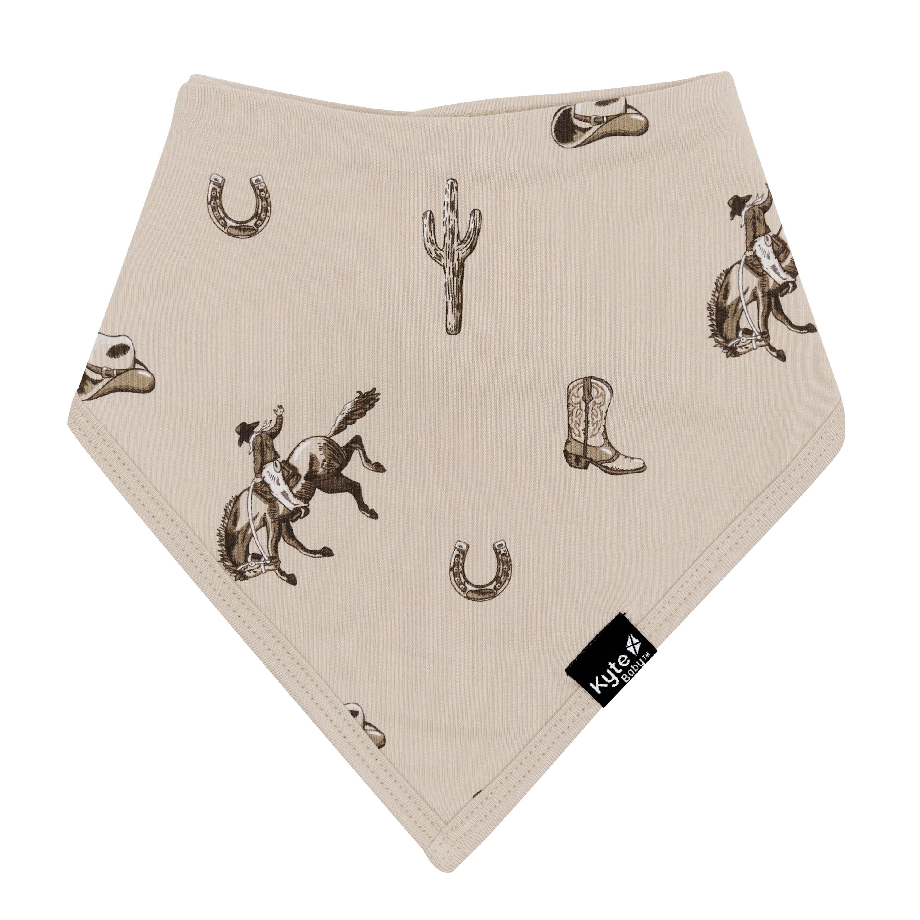 The front of the Bib in Classic Cowboy showing the black Kyte baby logo tag
