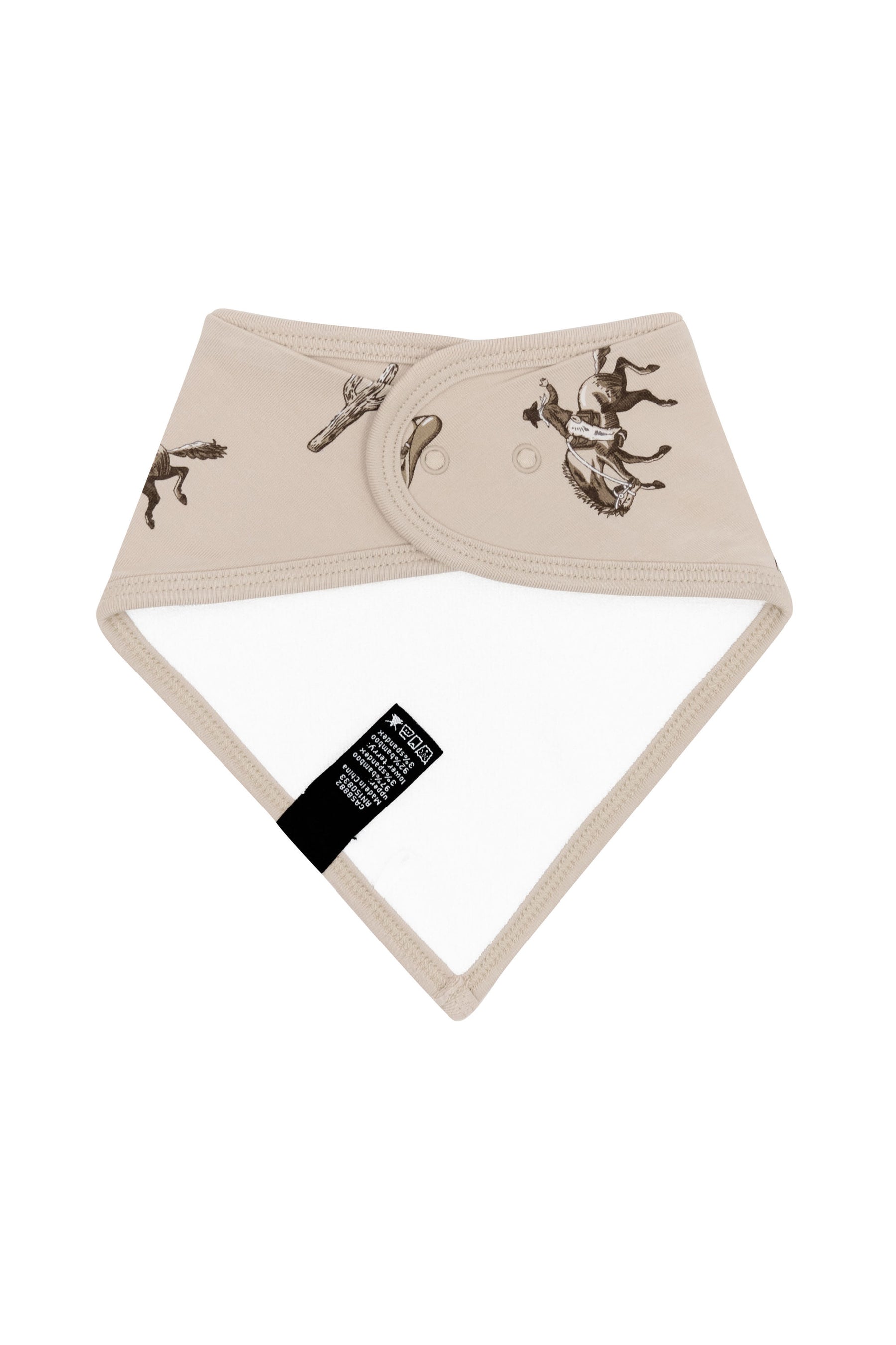 The back of the Bib in Classic Cowboy showing the terry cloth lining and snap closures