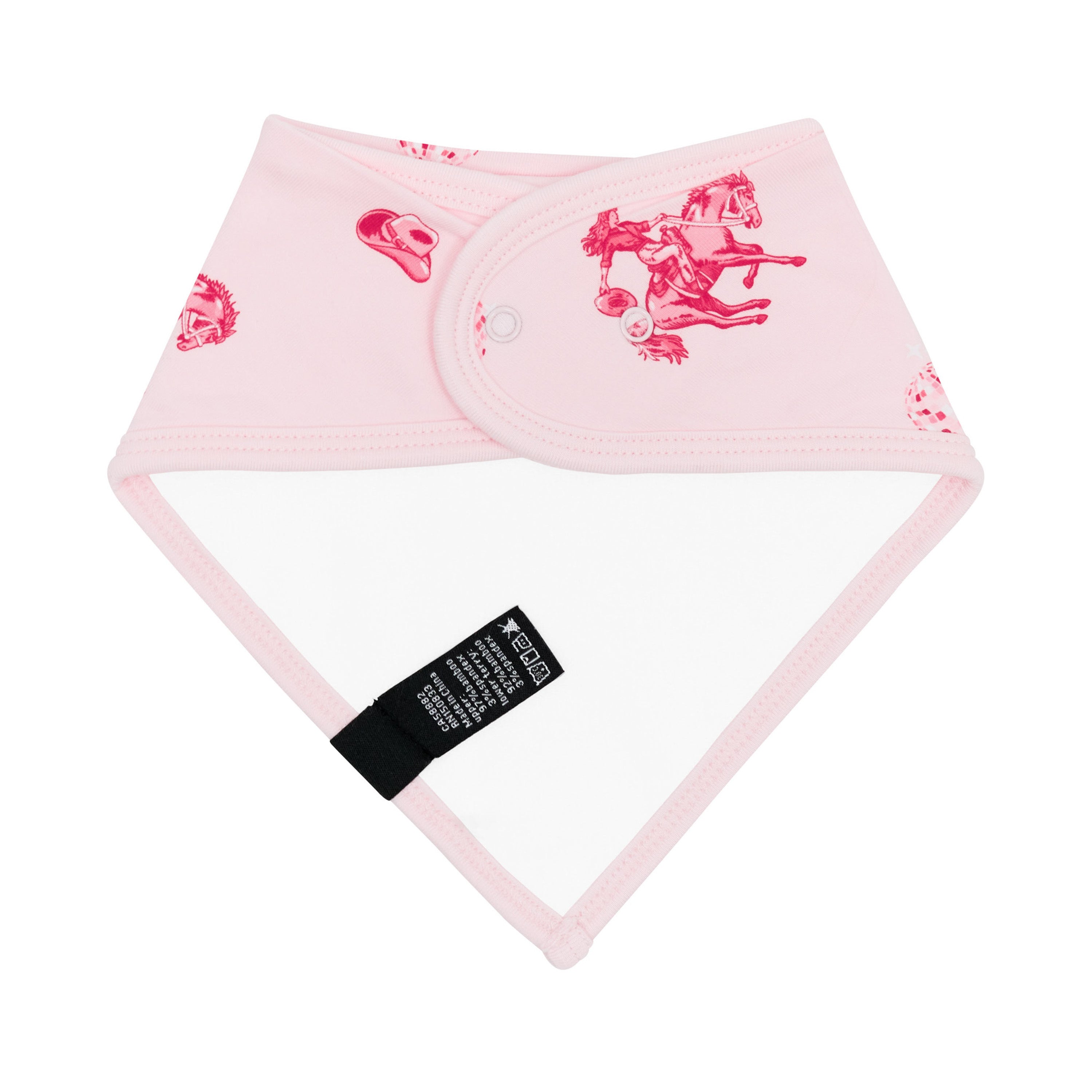 Back of the Bib in Disco Cowgirl showing the snap closures and bamboo terry cloth backin