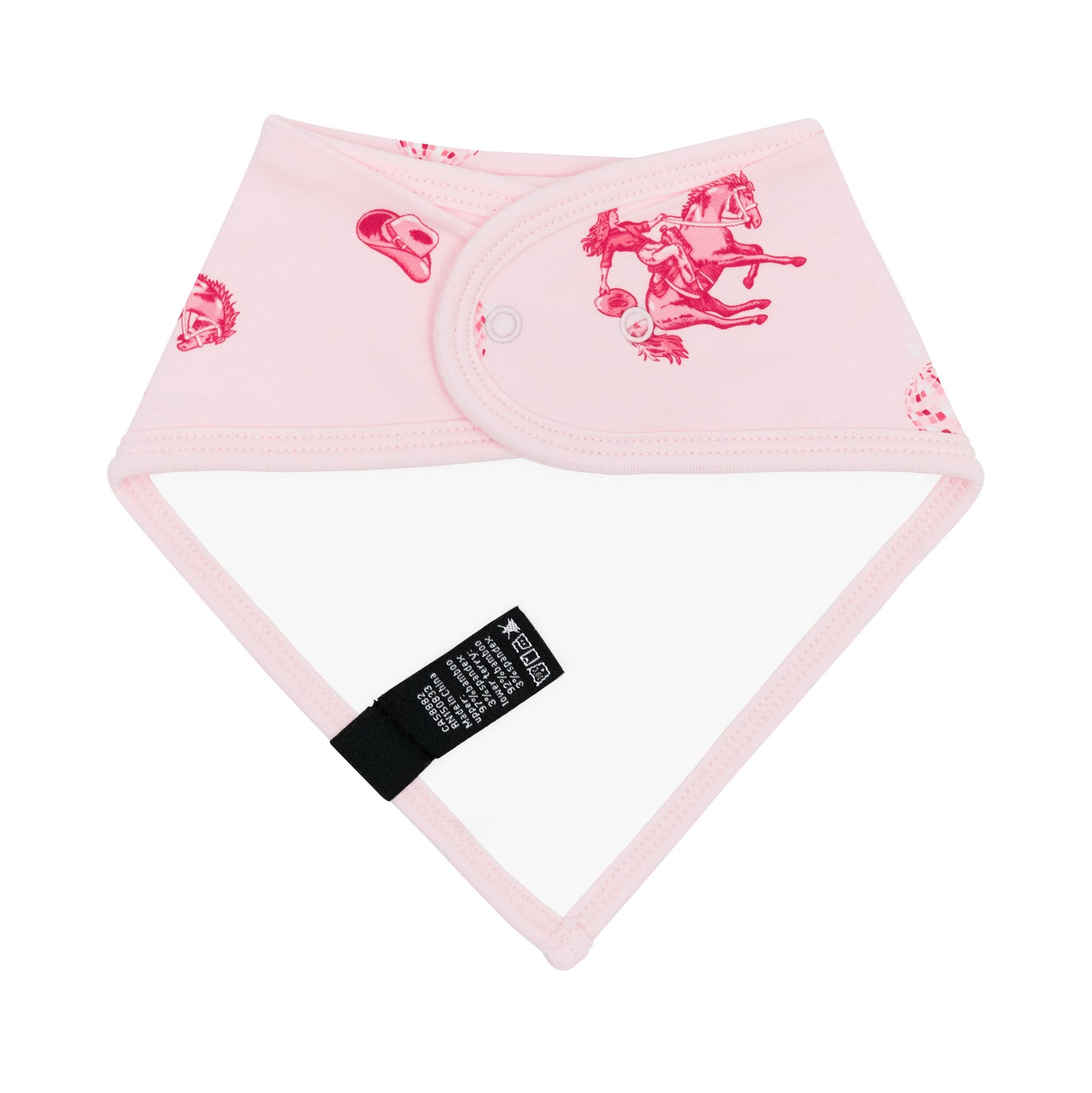 Back of the Bib in Disco Cowgirl showing the snap closures and bamboo terry cloth backin