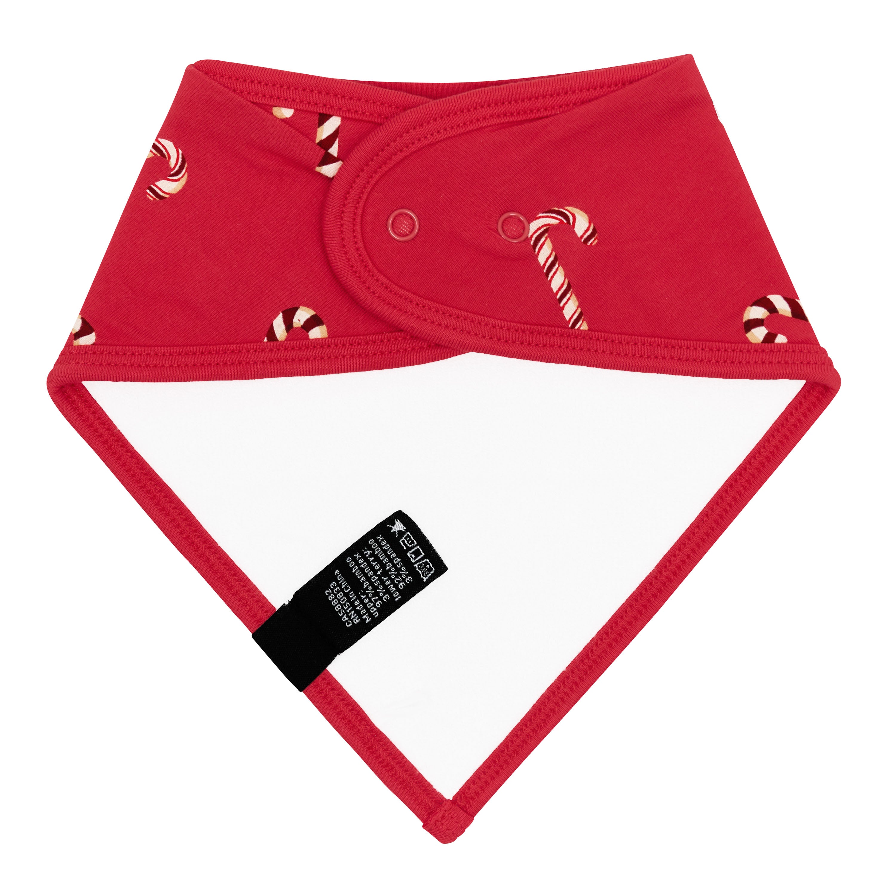 Back of the Bib in Candy Cane showing the snap closures and bamboo terry backing