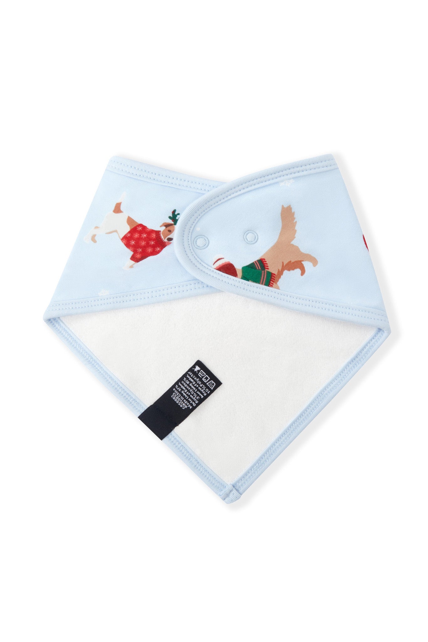 White Back side of Bib in Holiday Pups print on a white background