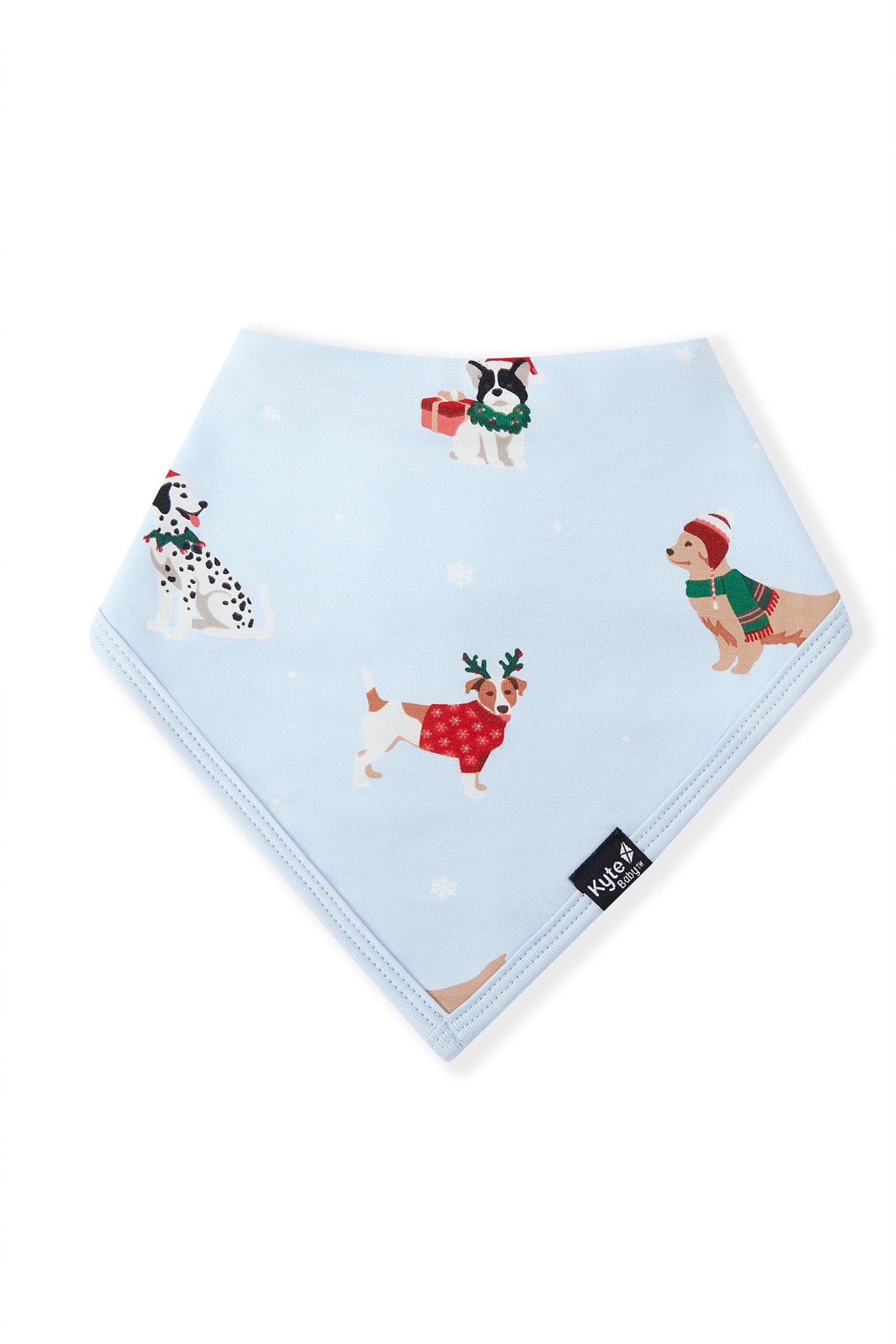 Blue Bib in Holiday Pups print on a white background