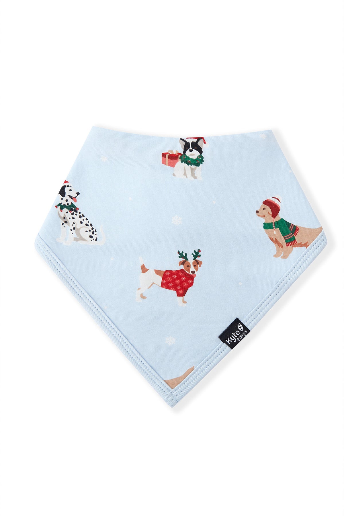 Blue Bib in Holiday Pups print on a white background