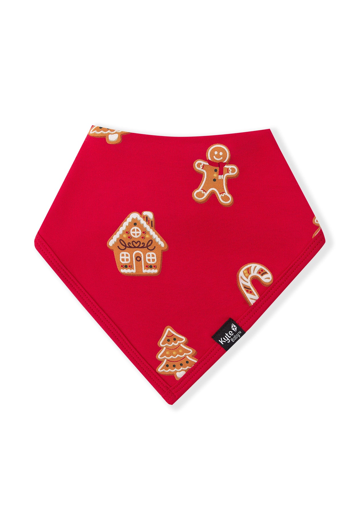 A red triangular bandana-style bib with a festive gingerbread print, featuring gingerbread men, houses, candy canes, and trees, with a small black 'k&h' brand tag near the bottom right corner.
