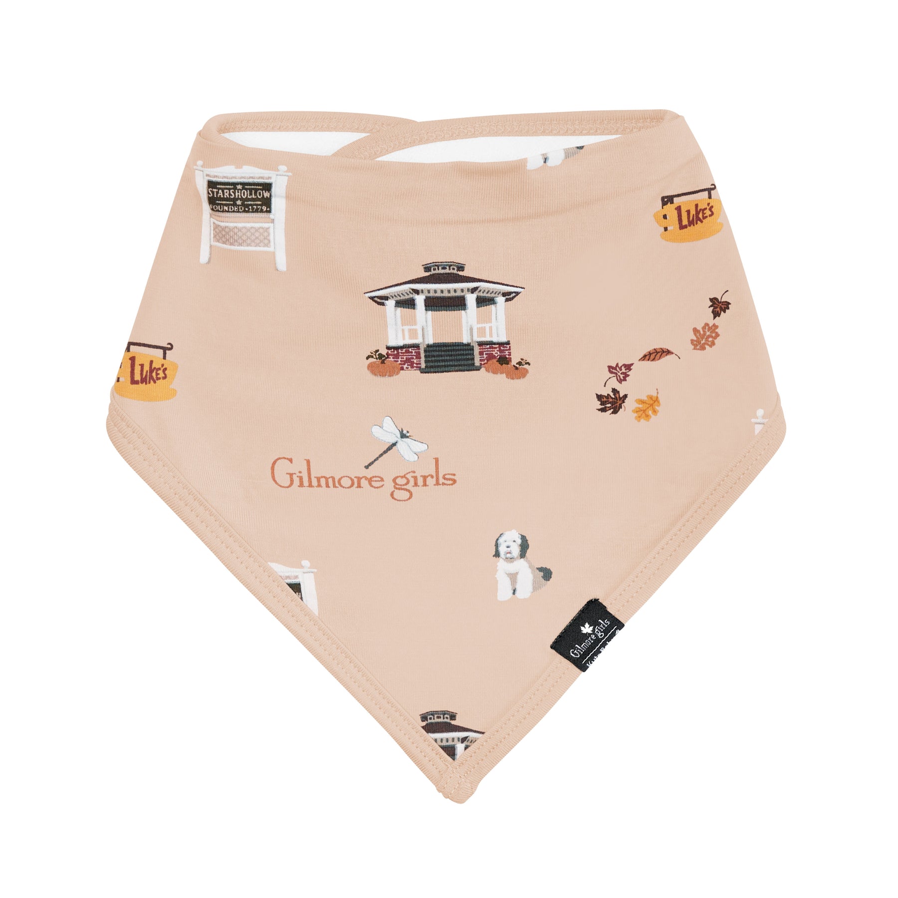 Beige bandana bib with 'Gilmore Girls'-themed designs on a white background