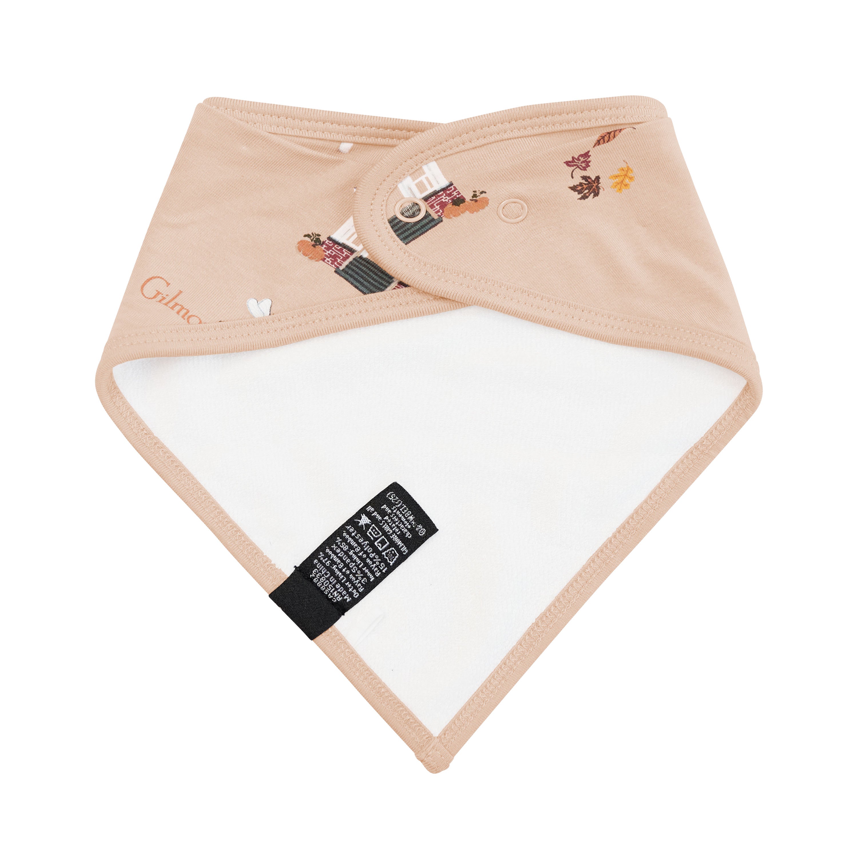 Beige bandana bib with white interior  on a white background