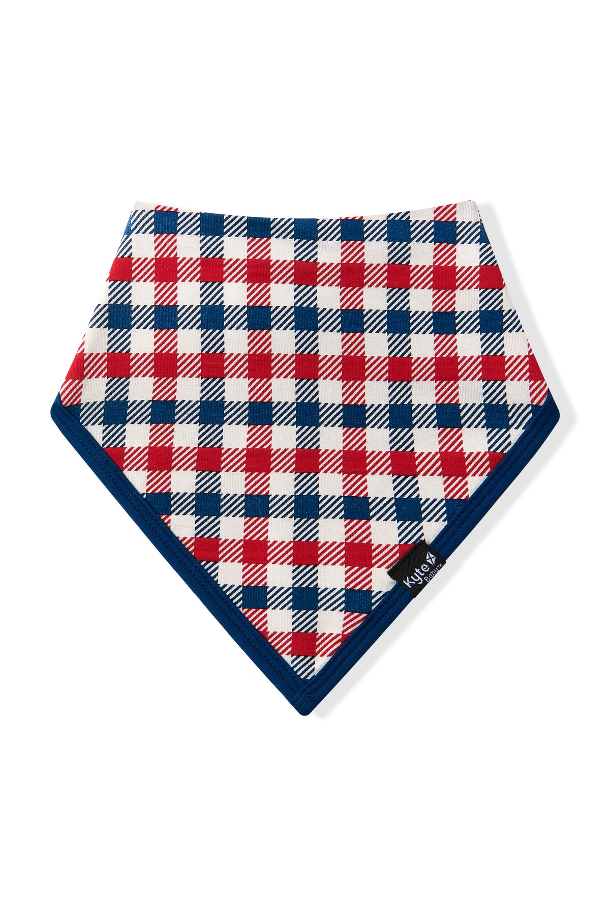 Red white and blue Patriotic Gingham check print bib with navy trim on a white background