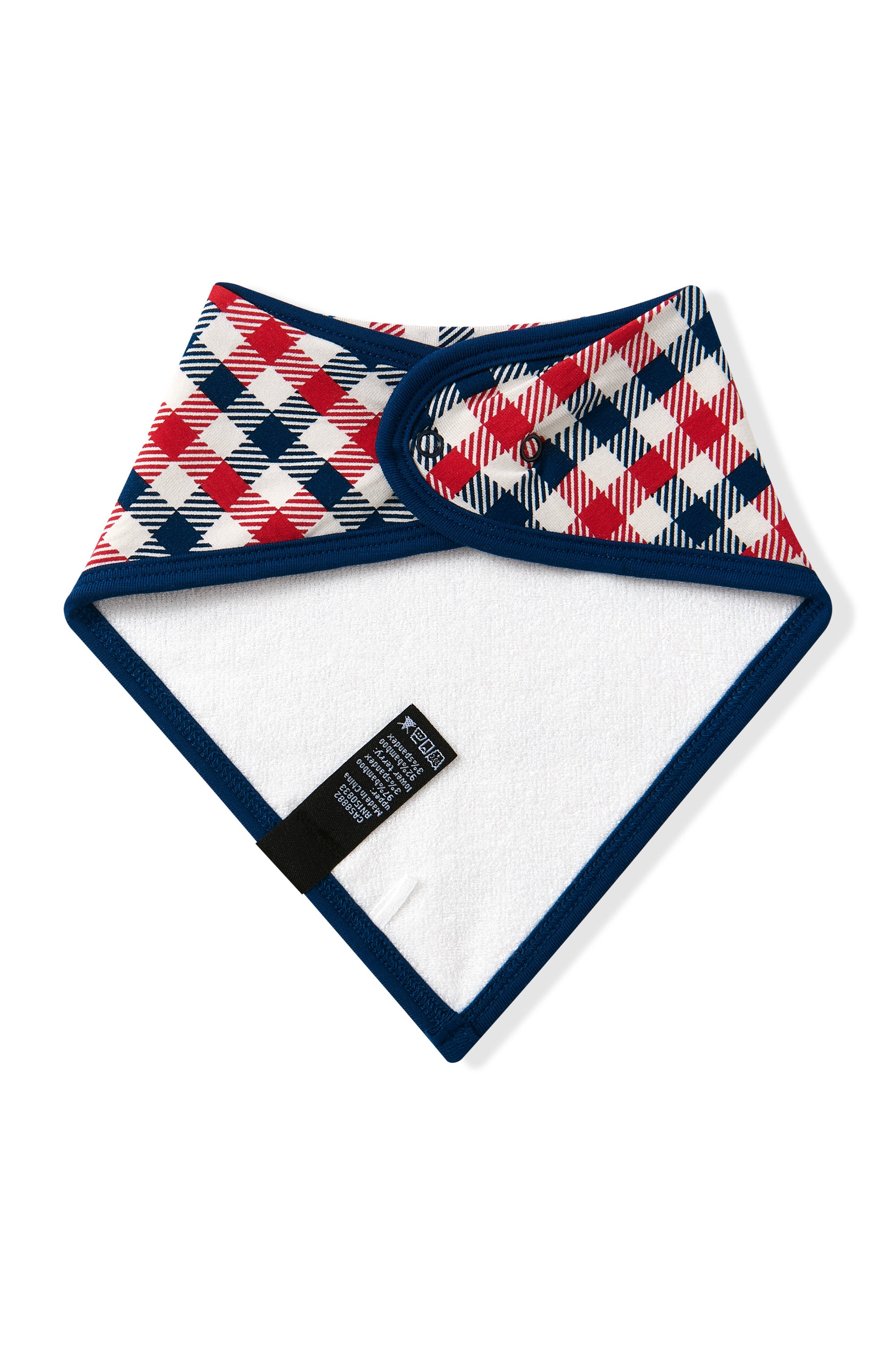 Back side of Red white and blue Patriotic Gingham check print bib with navy trim on a white background