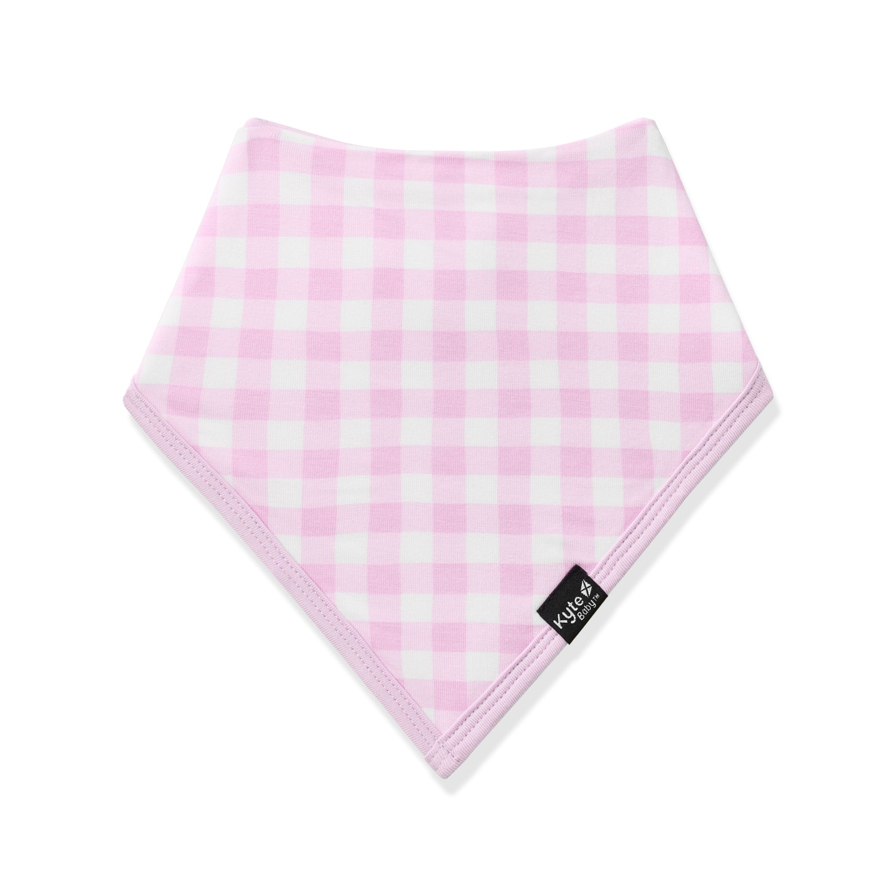 Front of the Bib in Gingham Thistle showing the black logo tag