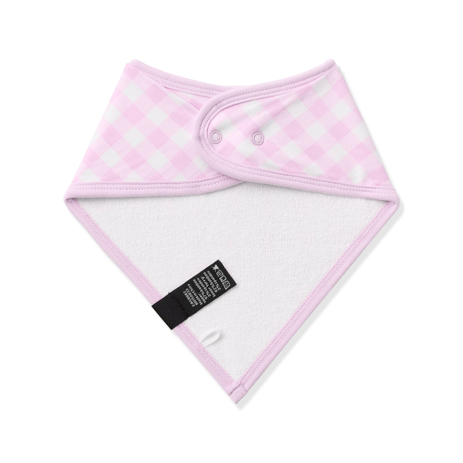 The back of the Bib in Gingham Thistle showing the snap closure and bamboo terry cloth backing