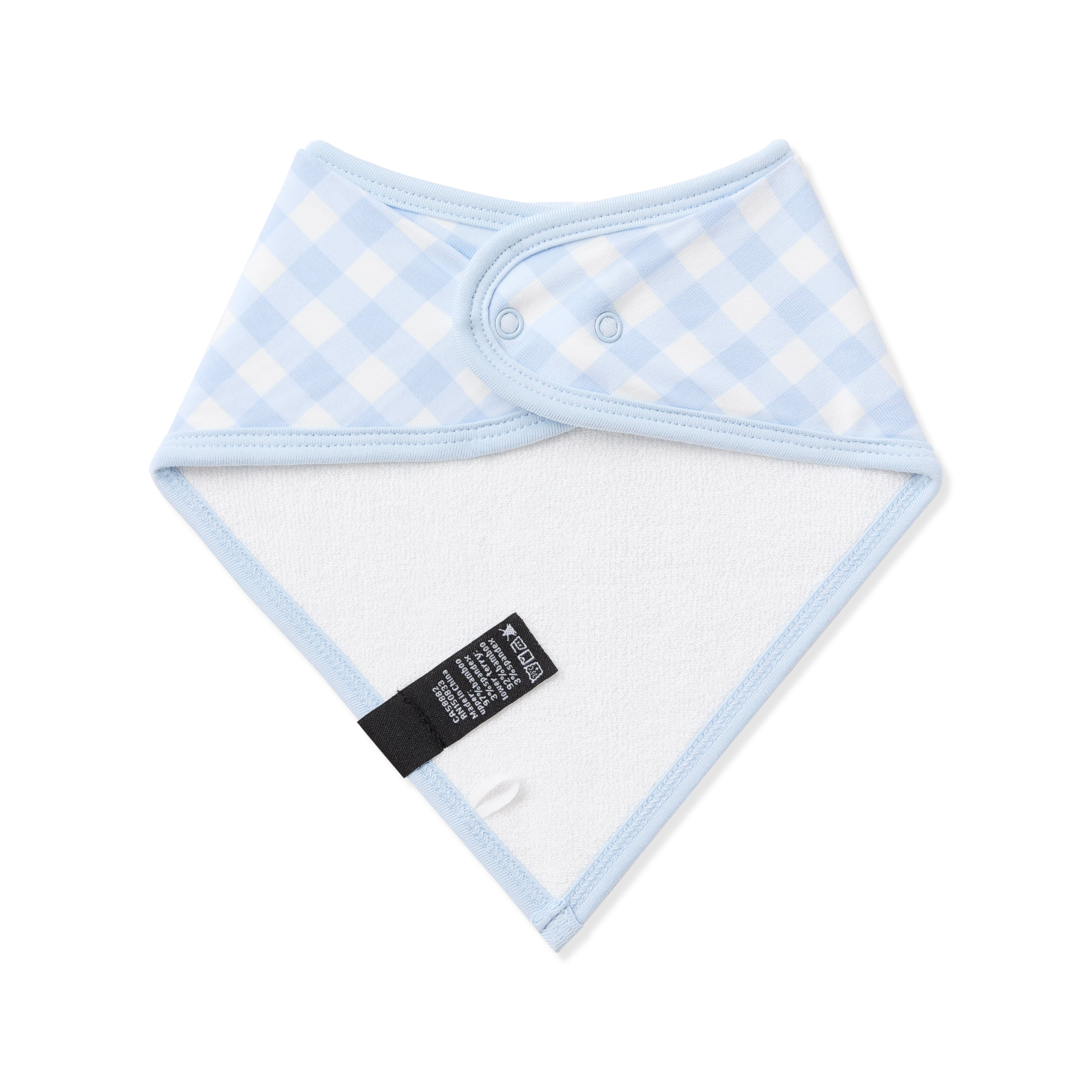 Back of the Bib in Gingham Breeze showing the snap closure and bamboo terry cloth backing