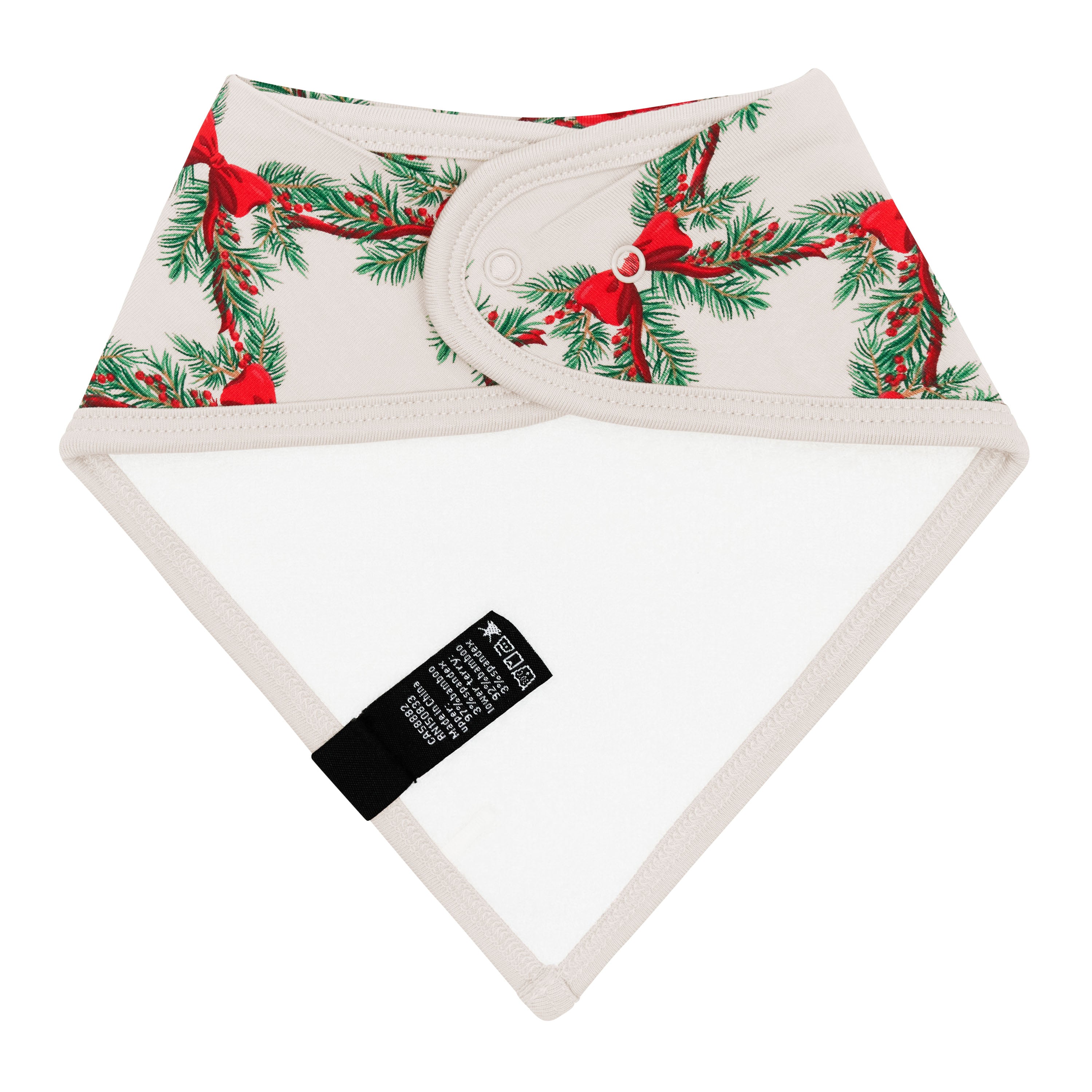 Back of the Bib in Holiday Bow showing the snap closures and the bamboo terry backing