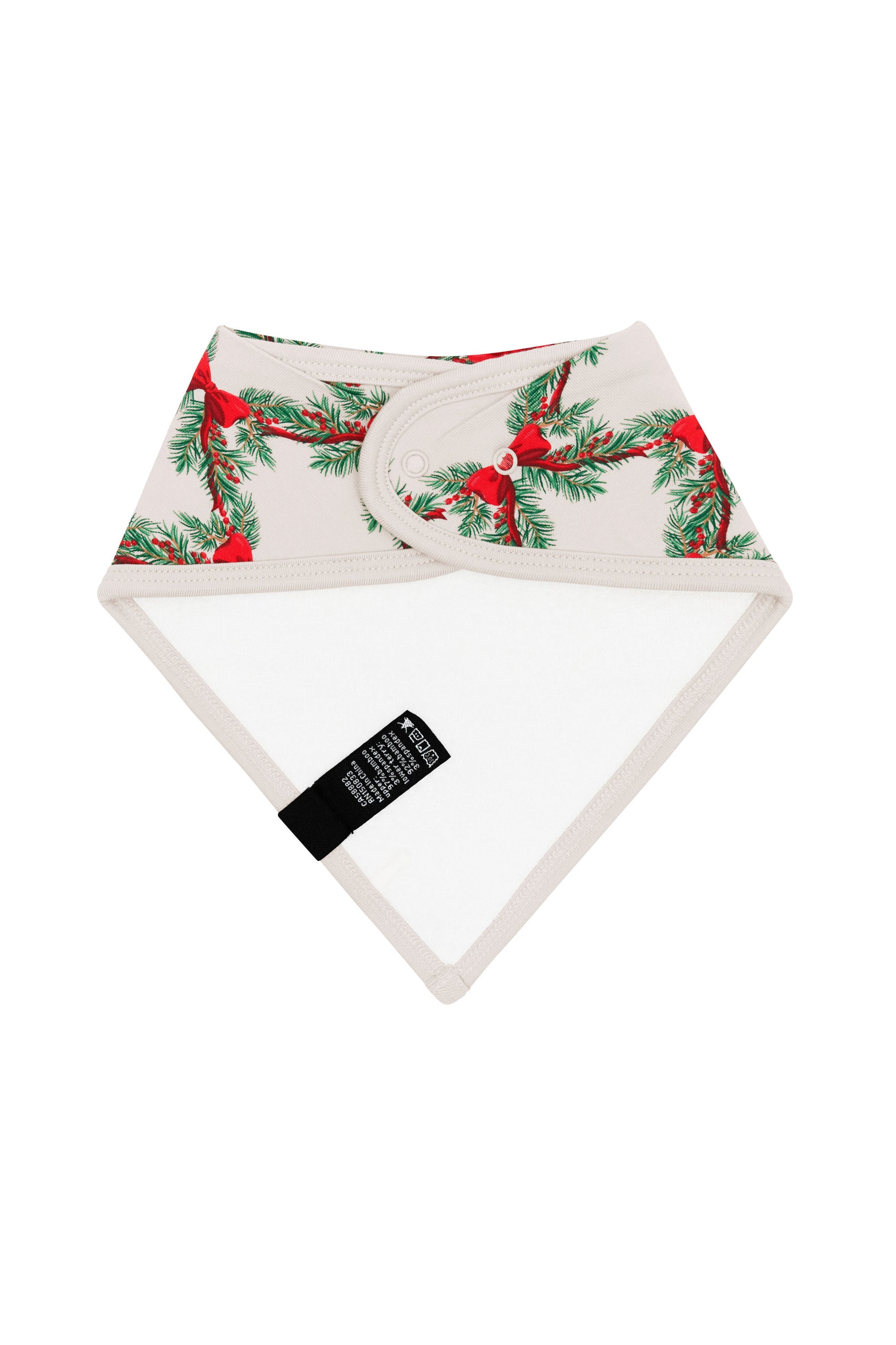 Back of the Bib in Holiday Bow showing the snap closures and the bamboo terry backing