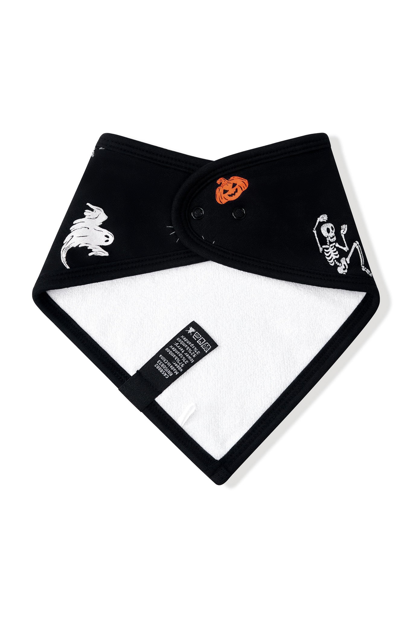 Back side of Black Bib in Halloween Friends print on a white background